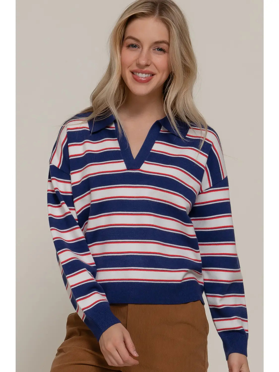 Long Sleeve Multi Stripe Polo Sweater