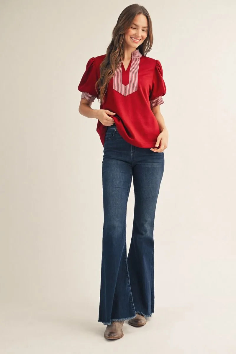 Short puff sleeves high neck solid top with stripe