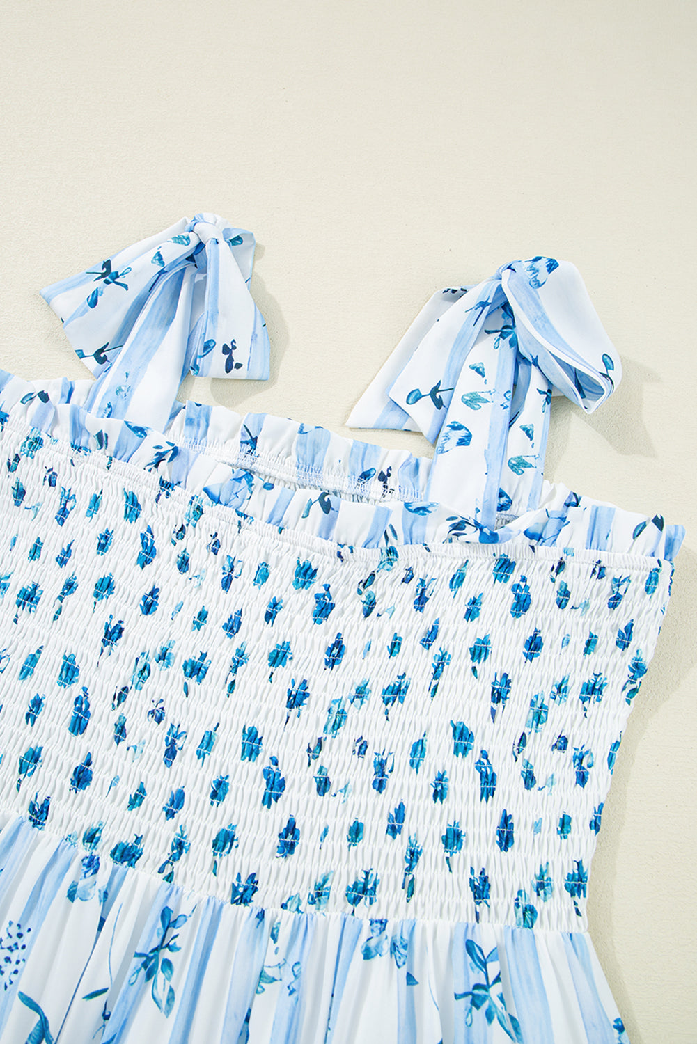 Sky Blue Floral Smocked Tied Straps A-Lined Tiered Maxi Dress