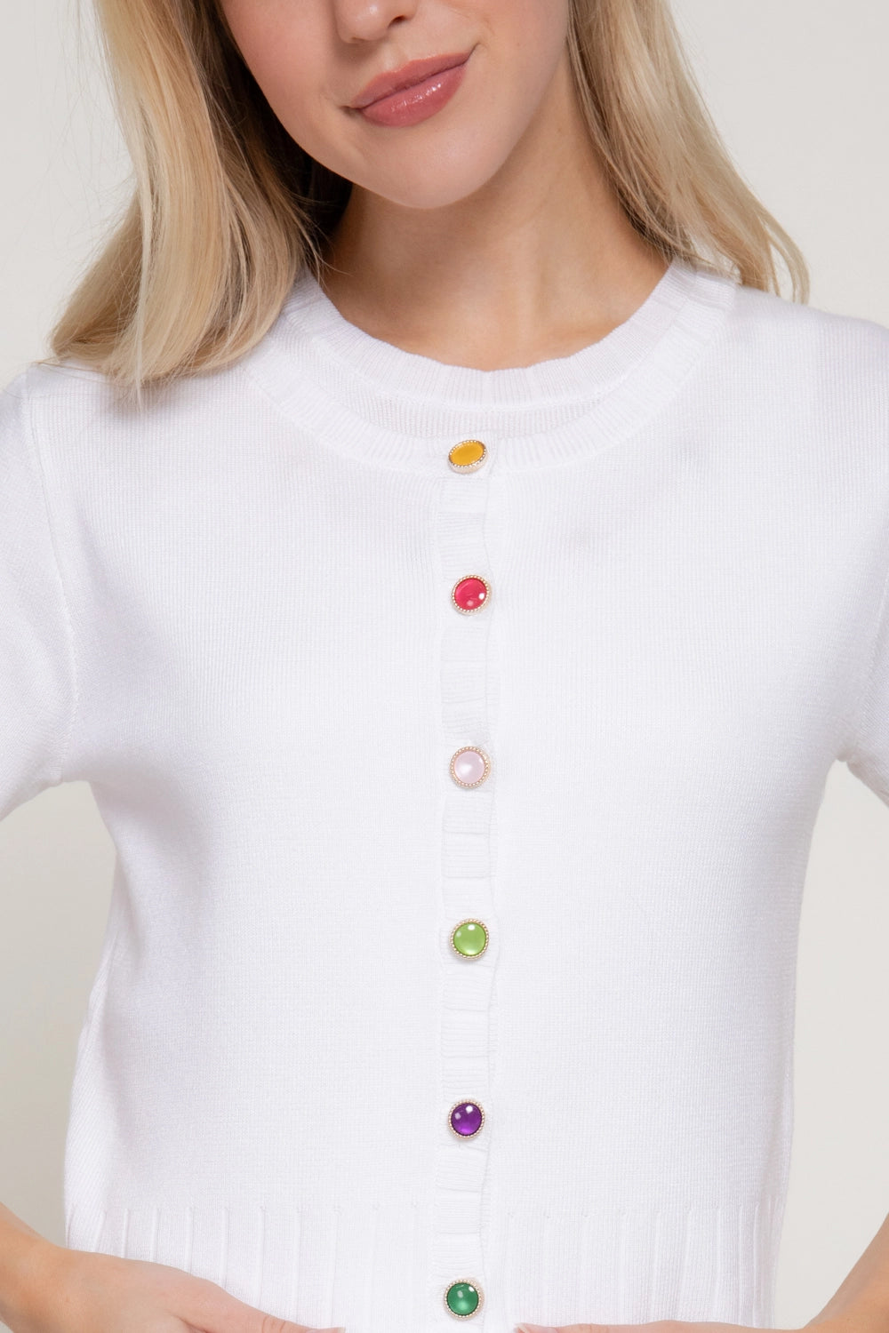 Short Sleeve Crew Neck Cardigan with Gemstone Button