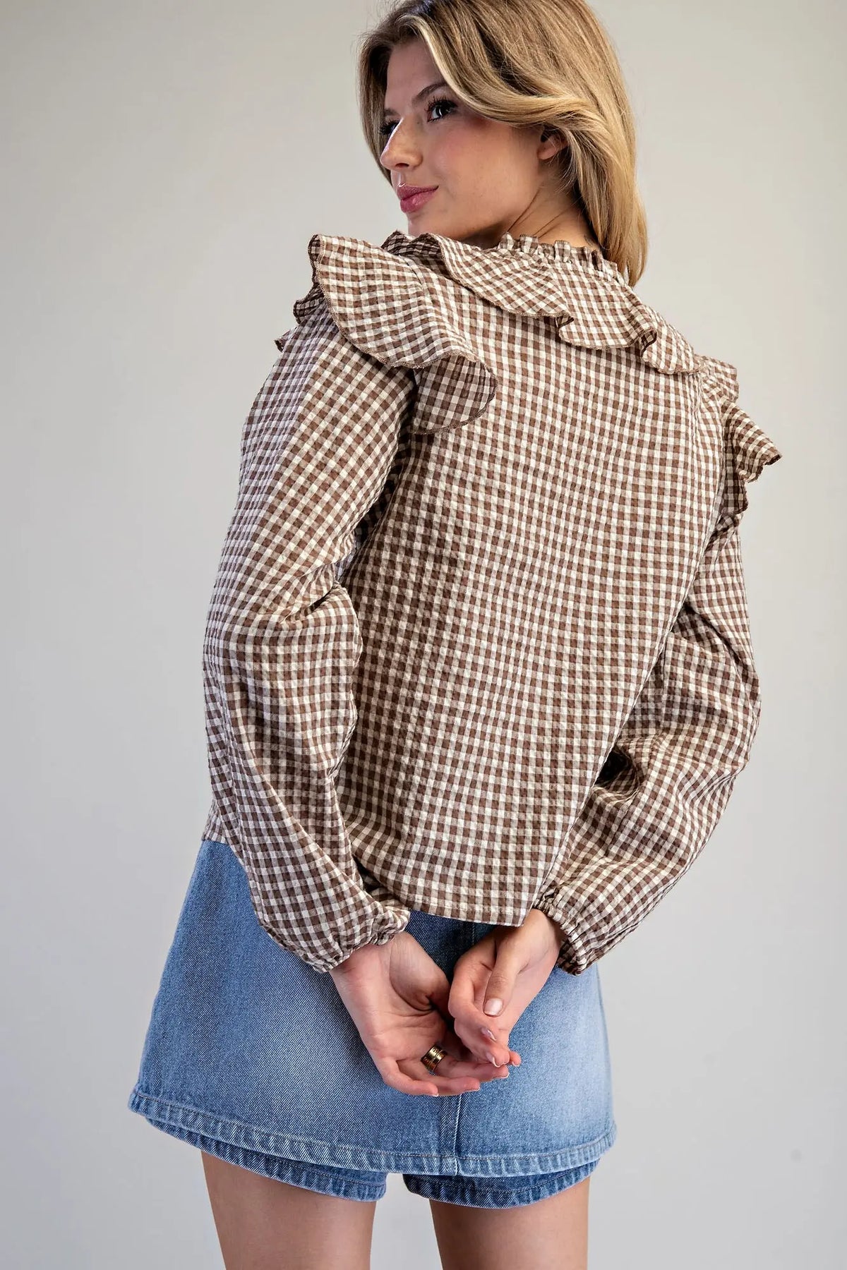 Gingham Print Ruffled Blouse