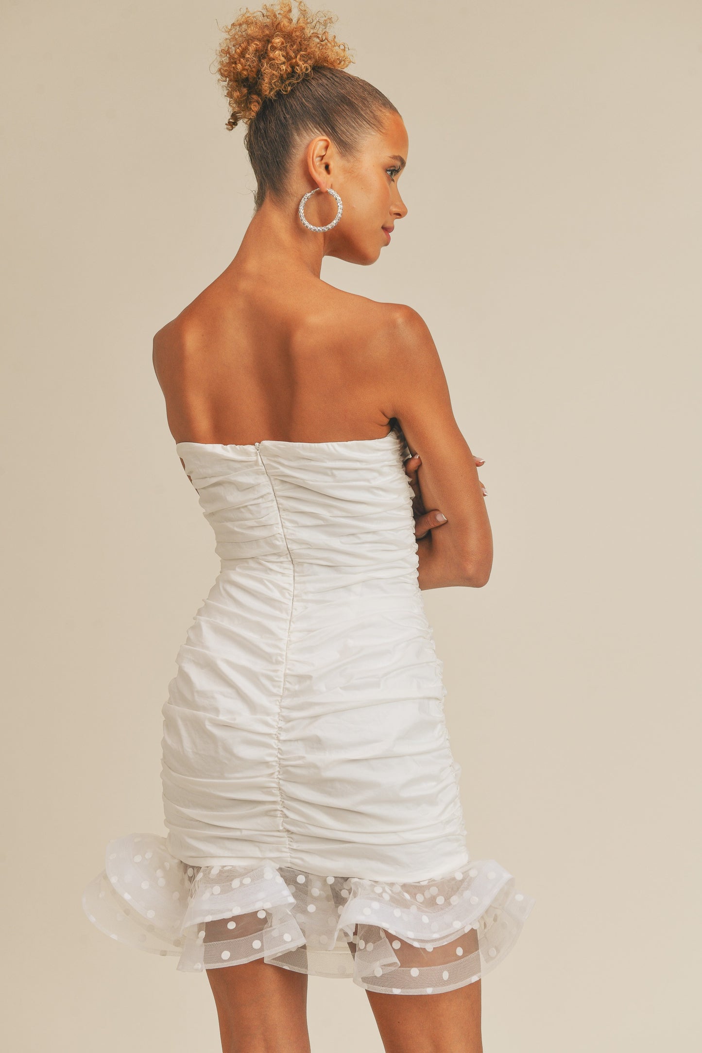 Strapless Ruched Mini Dress With Structured Bottom