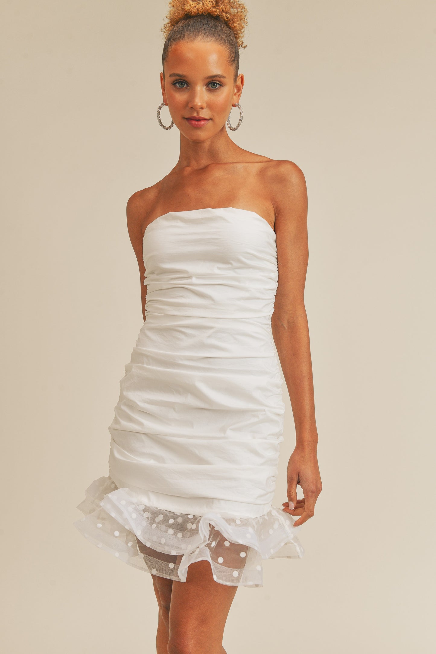 Strapless Ruched Mini Dress With Structured Bottom
