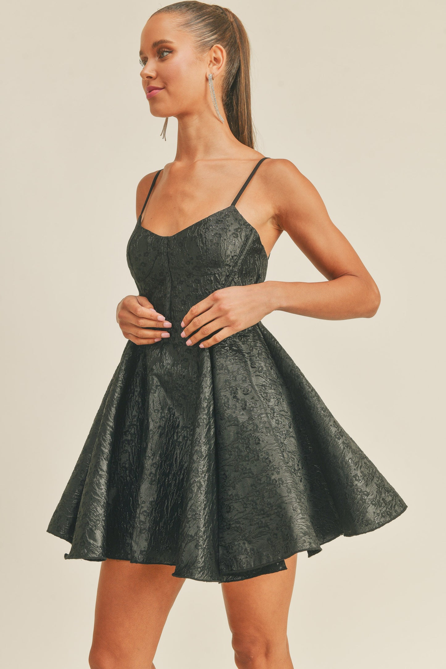 Spaghetti Strap Fit And Flare Jacquard Mini Dress