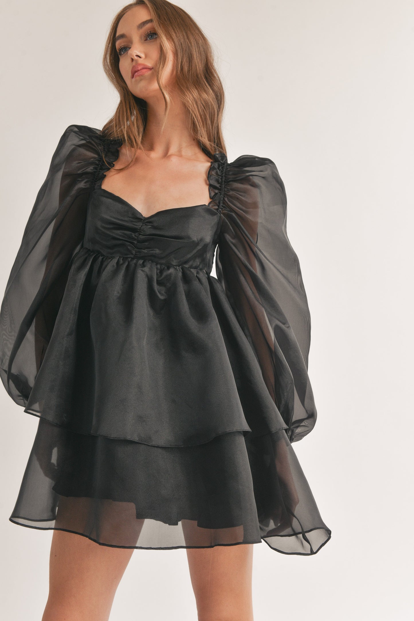 Long Puff Sleeve Ruffled Baby Doll Mini Dress