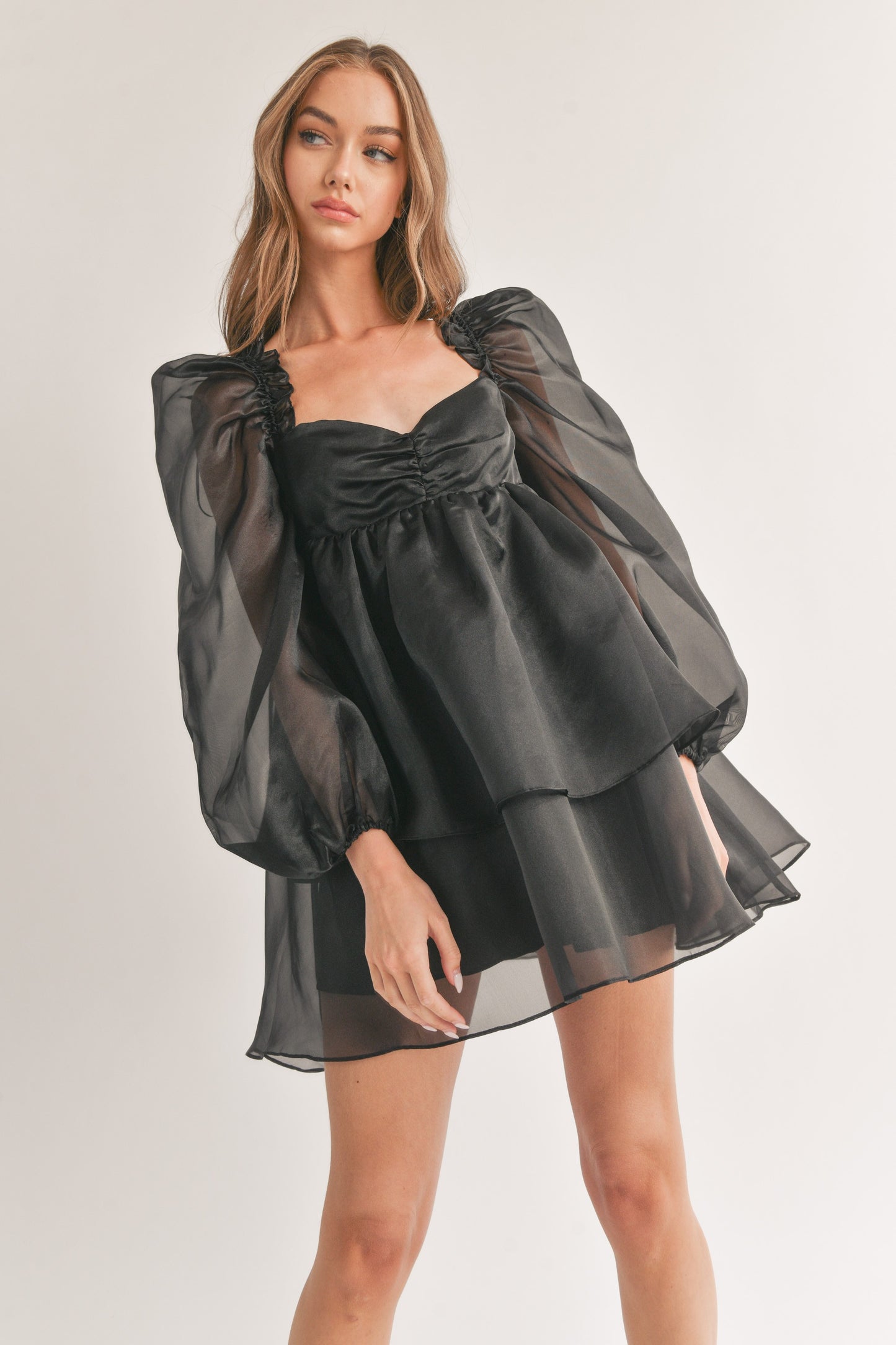 Long Puff Sleeve Ruffled Baby Doll Mini Dress