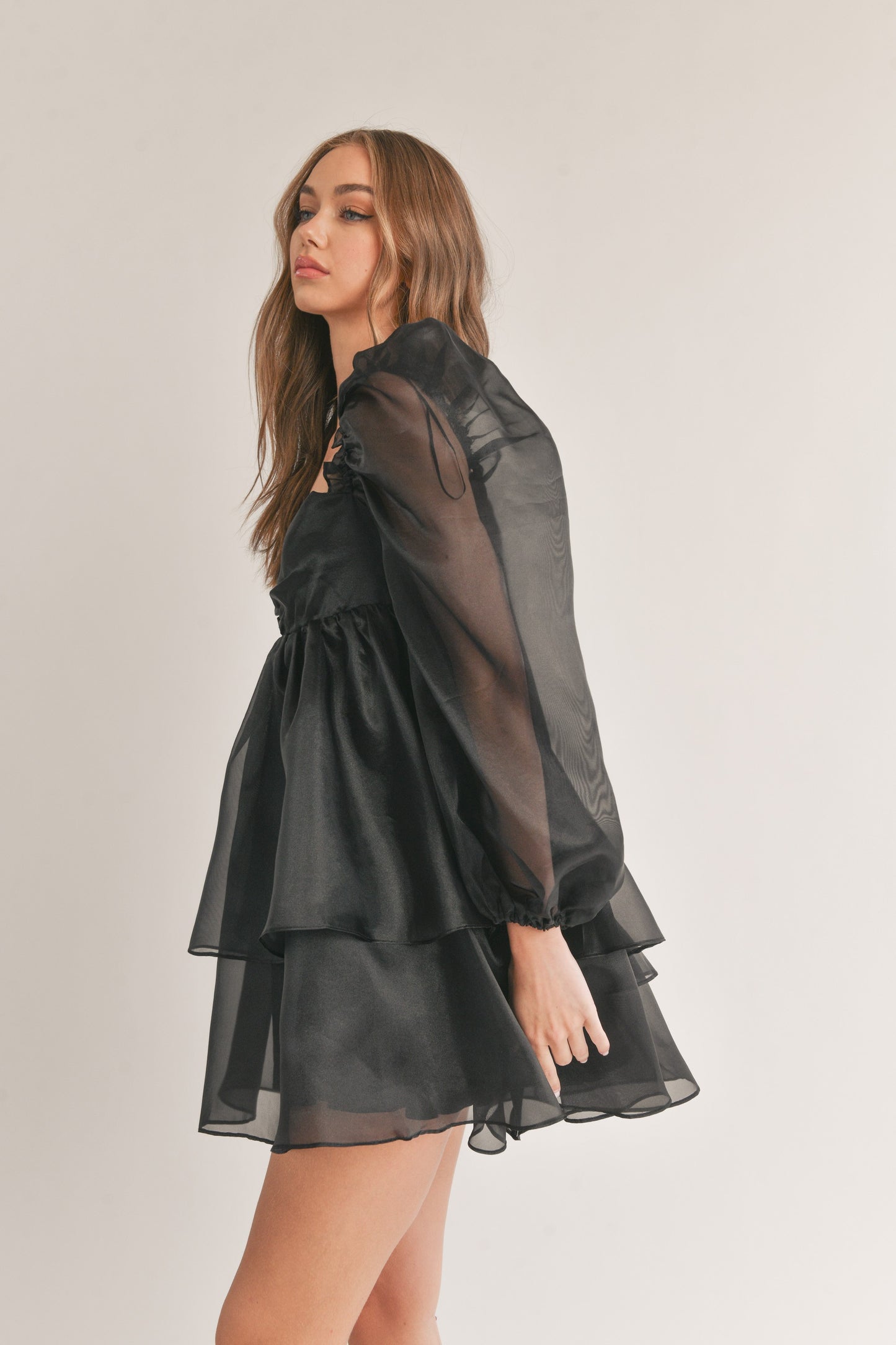 Long Puff Sleeve Ruffled Baby Doll Mini Dress