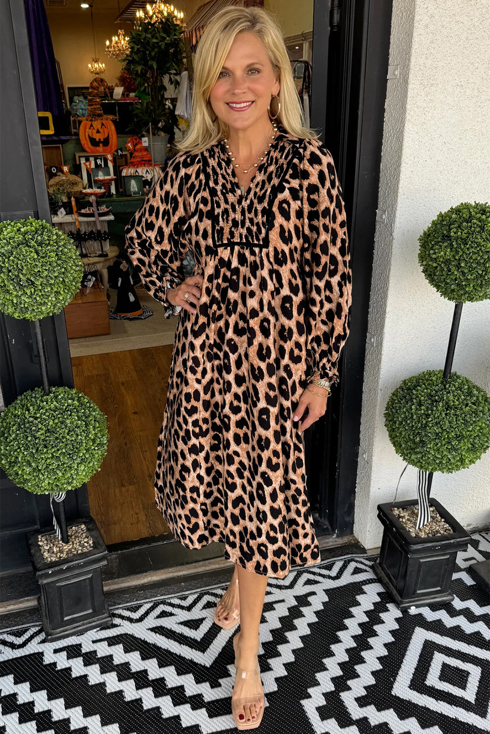 Brown Leopard Print Smocked Detail Flowy Midi Dress
