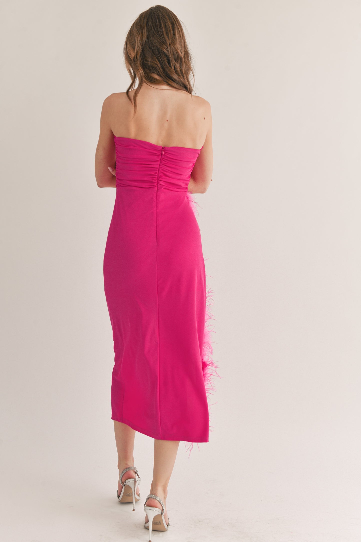 Feather Detailed Side Slit Tube Midi Dress