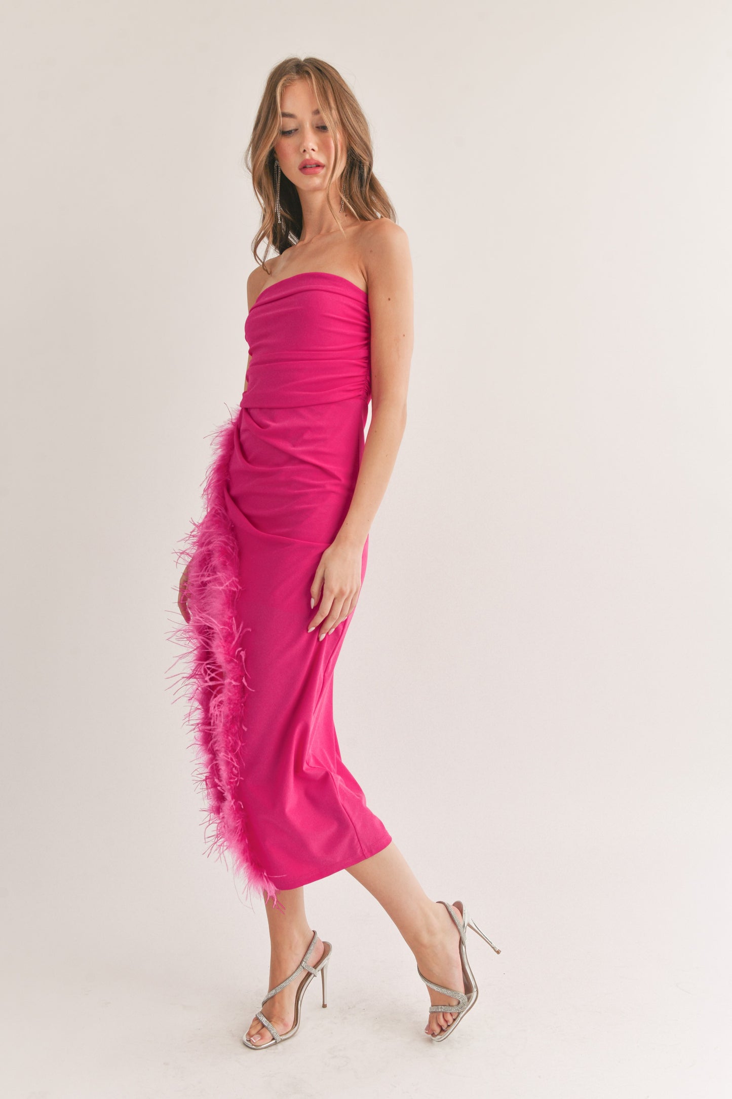 Feather Detailed Side Slit Tube Midi Dress