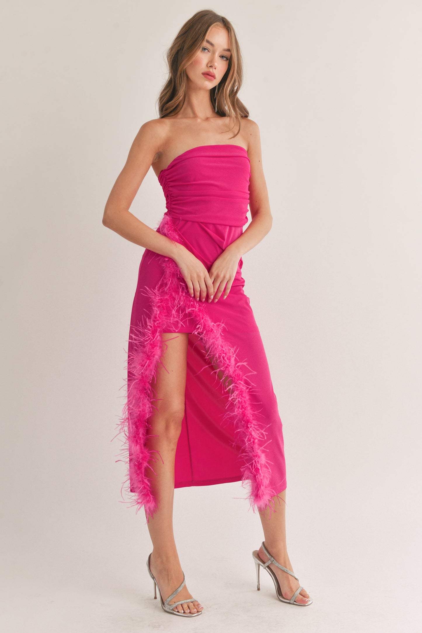 Feather Detailed Side Slit Tube Midi Dress