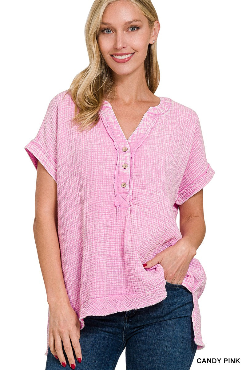 Washed Double Gauze 3/4 Button Henley Neck Shirt