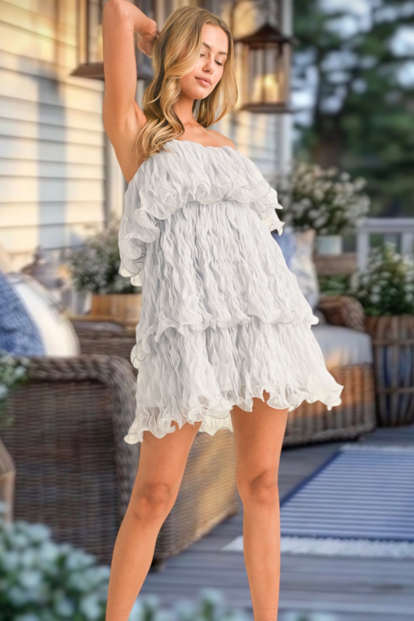 Crinkled Tiered Tulle Strapless Mini Dress blue gray