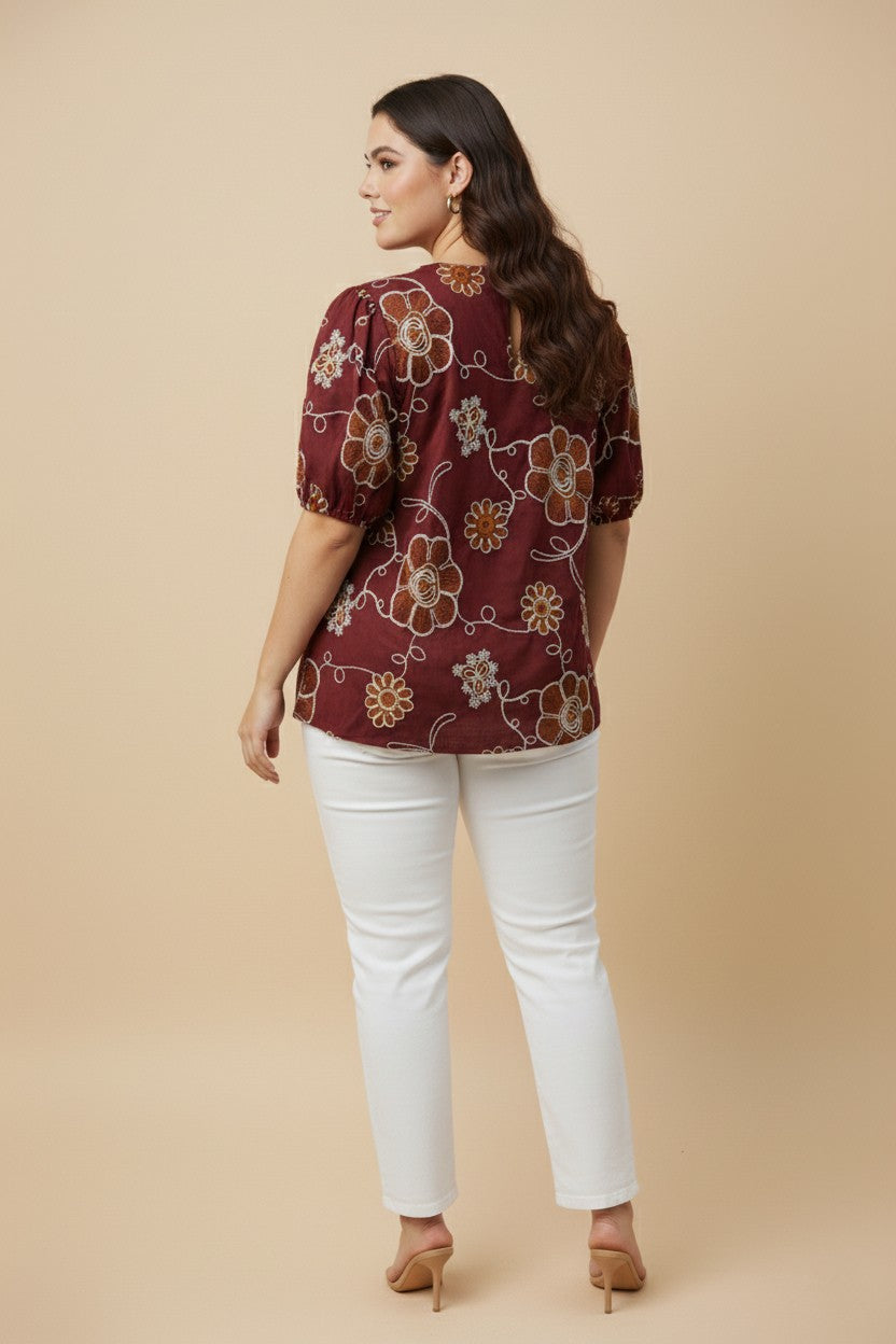 Plus Daisy Embroidered Puff Sleeve Top