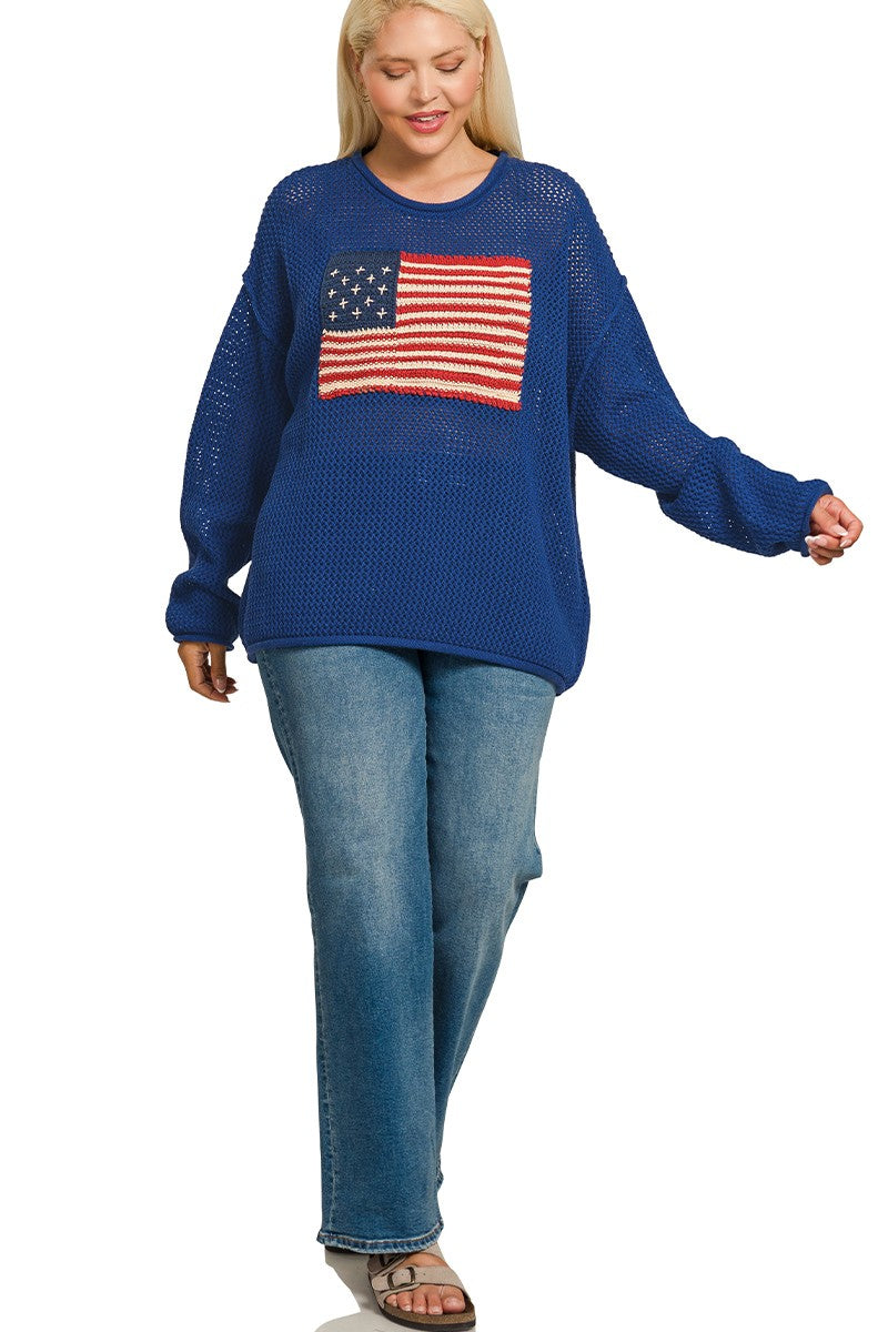 Plus American Flag Crew Neck Sweater