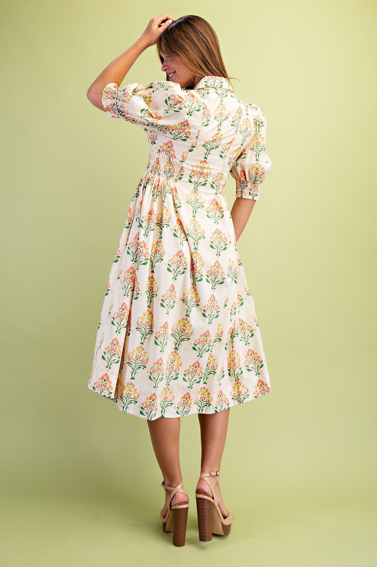 Floral Print Puff Sleeve Midi Shirt Dress