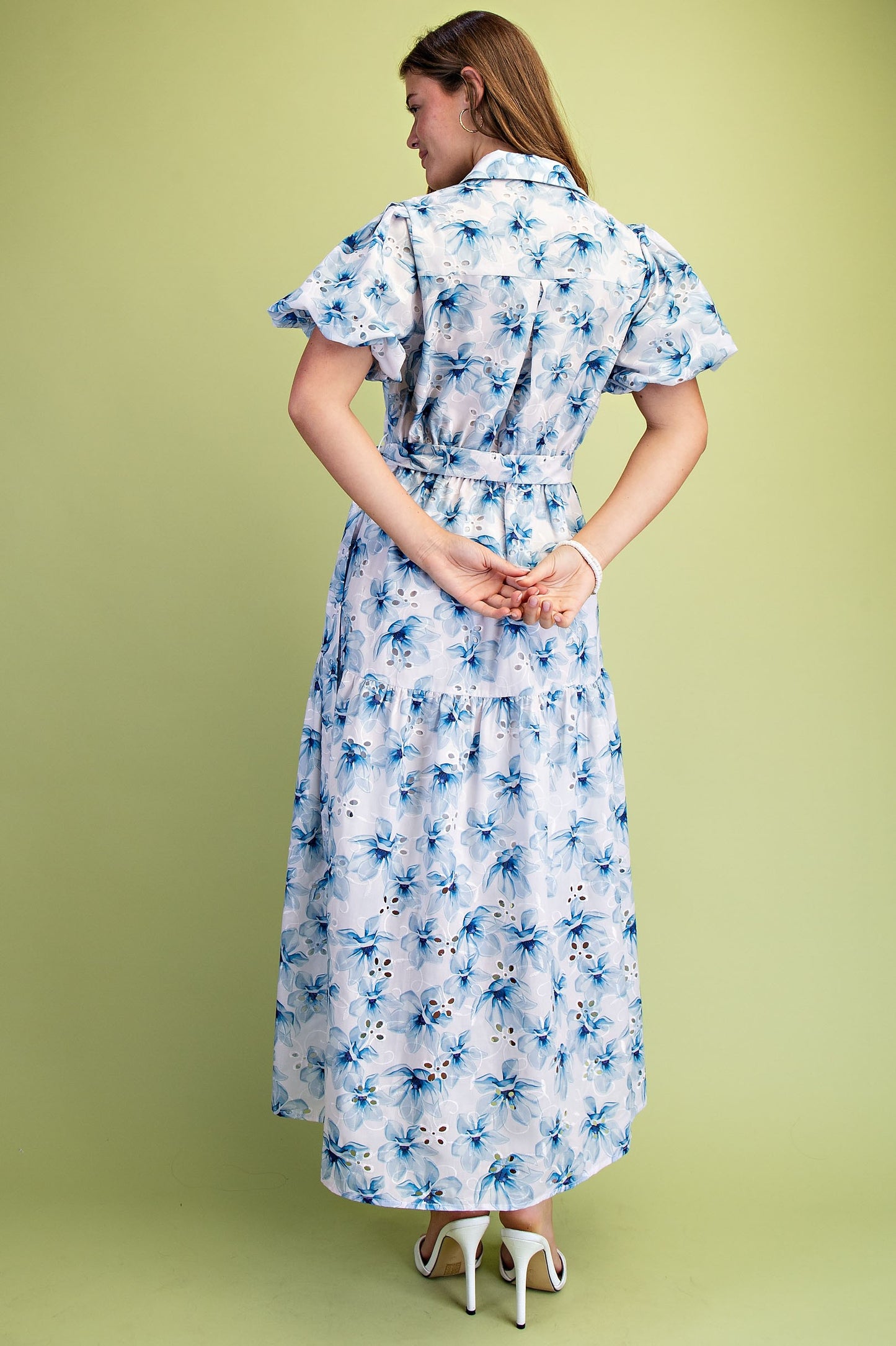 Floral Eyelet Half Button Midi Shirt Dress