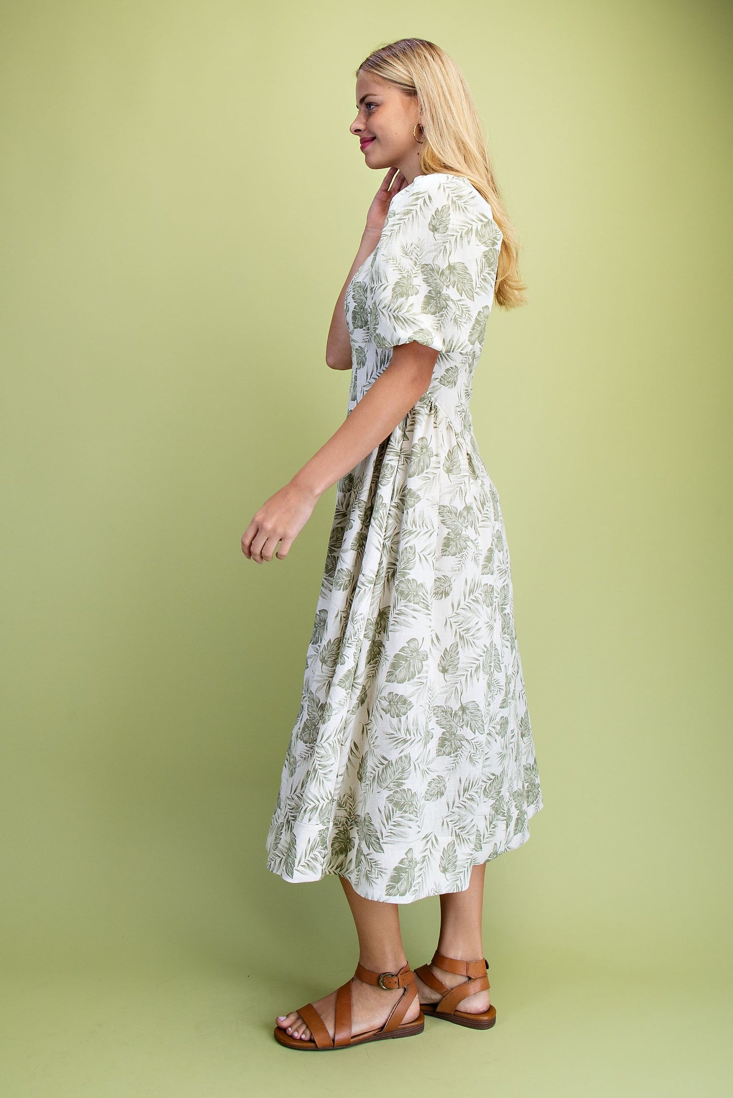 Palm Print Square Neck Midi Dress Green