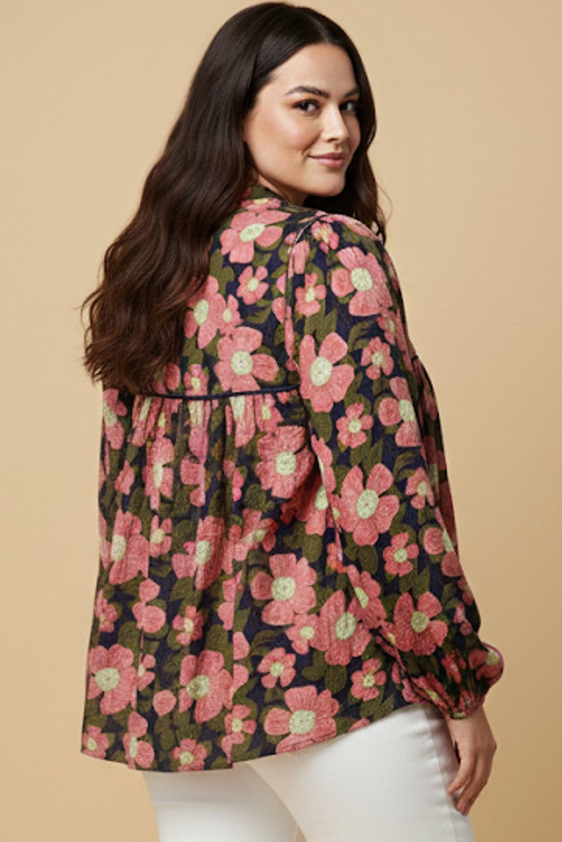 Plus Contrast Piped Tie Neck Floral Top