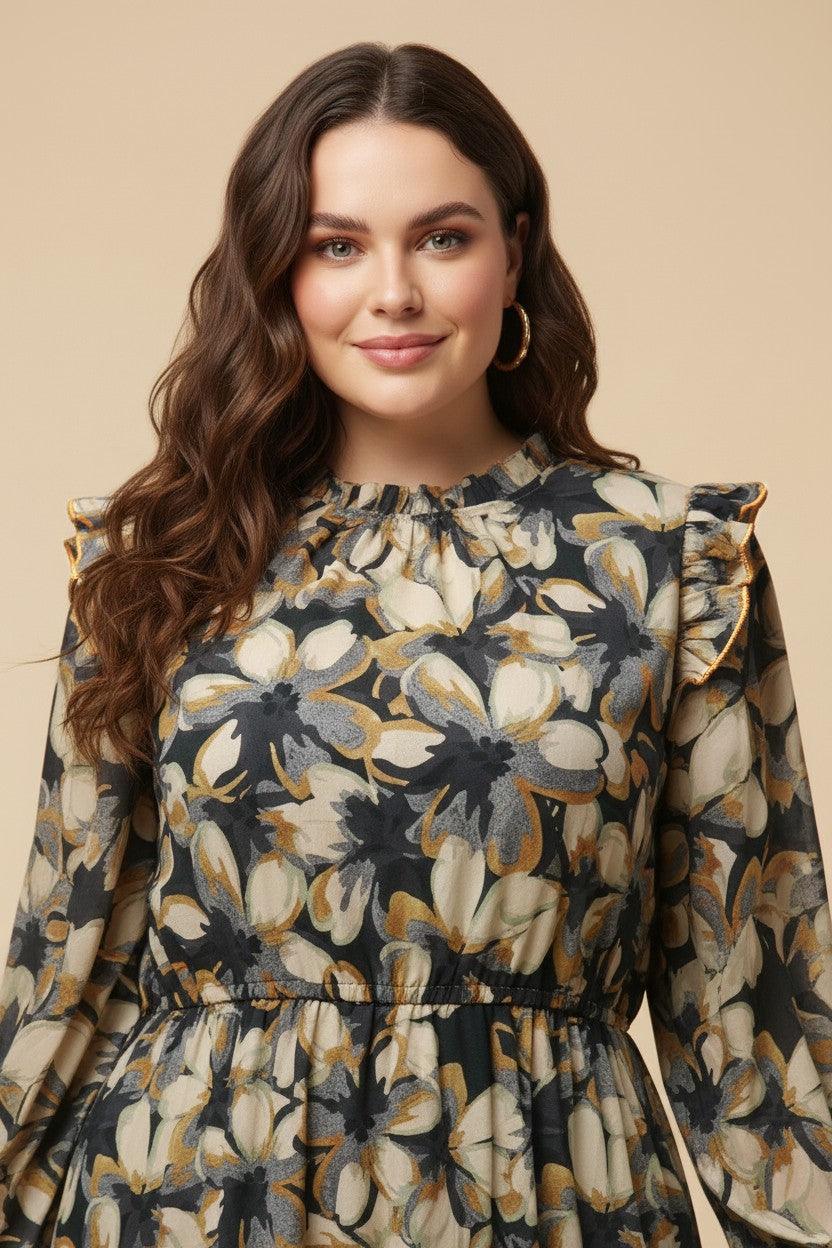 Plus Contrast Ruffle Neck Floral Tiered Dress