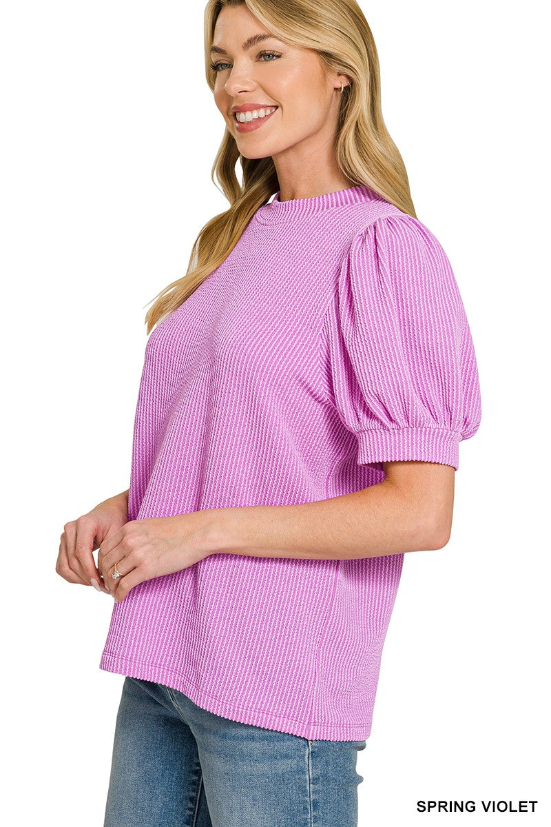 Raised Rib Puff Sleeve Top