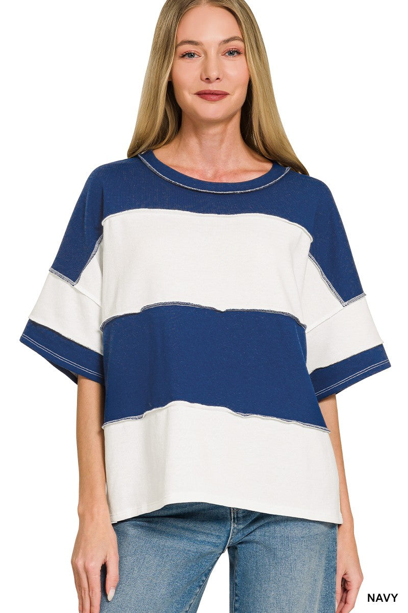 French Terry Color Block Exposed Seam Top