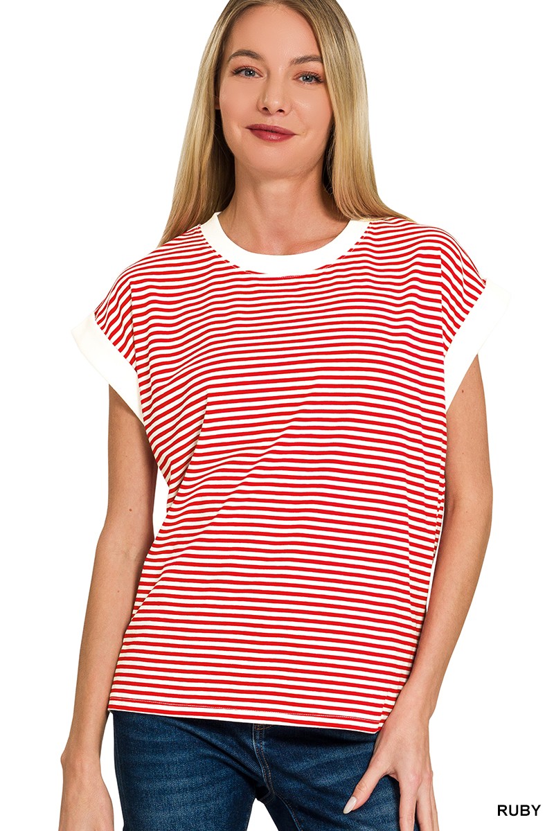 Stripe Contrast Trim Rib Banded Top