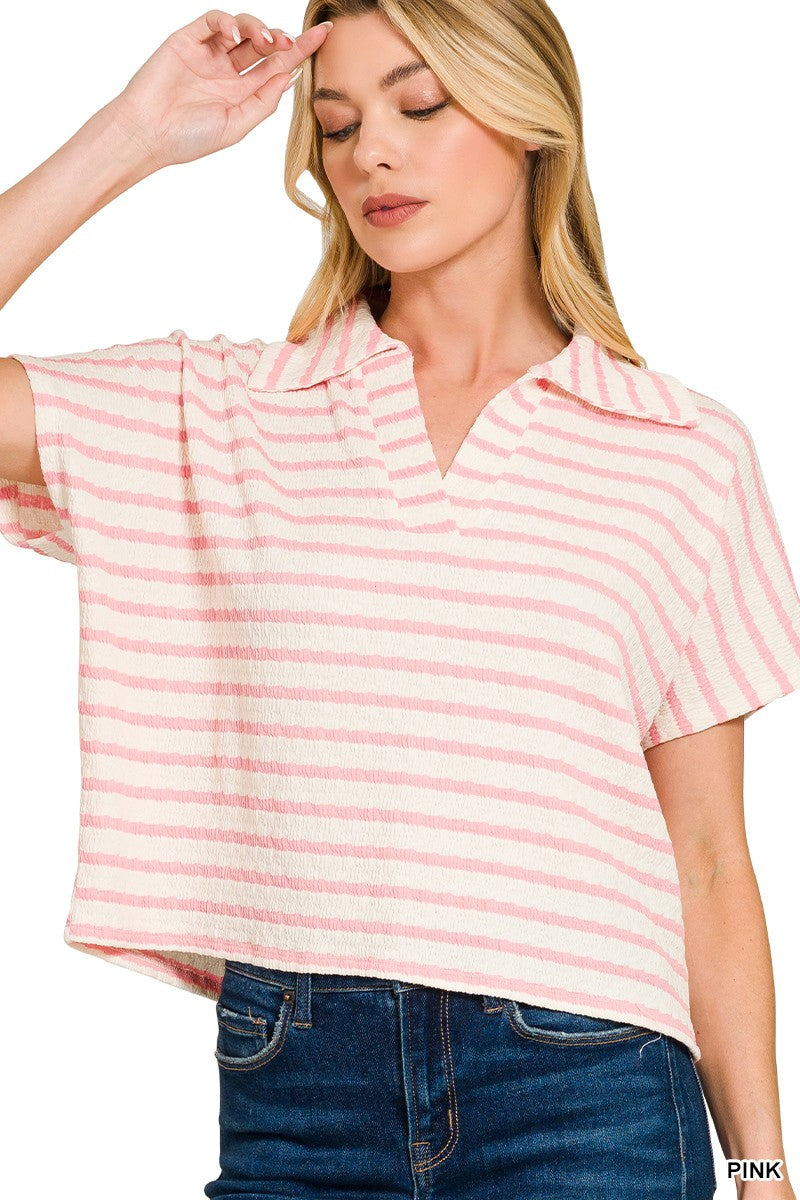 Striped Split Neck Collared Top