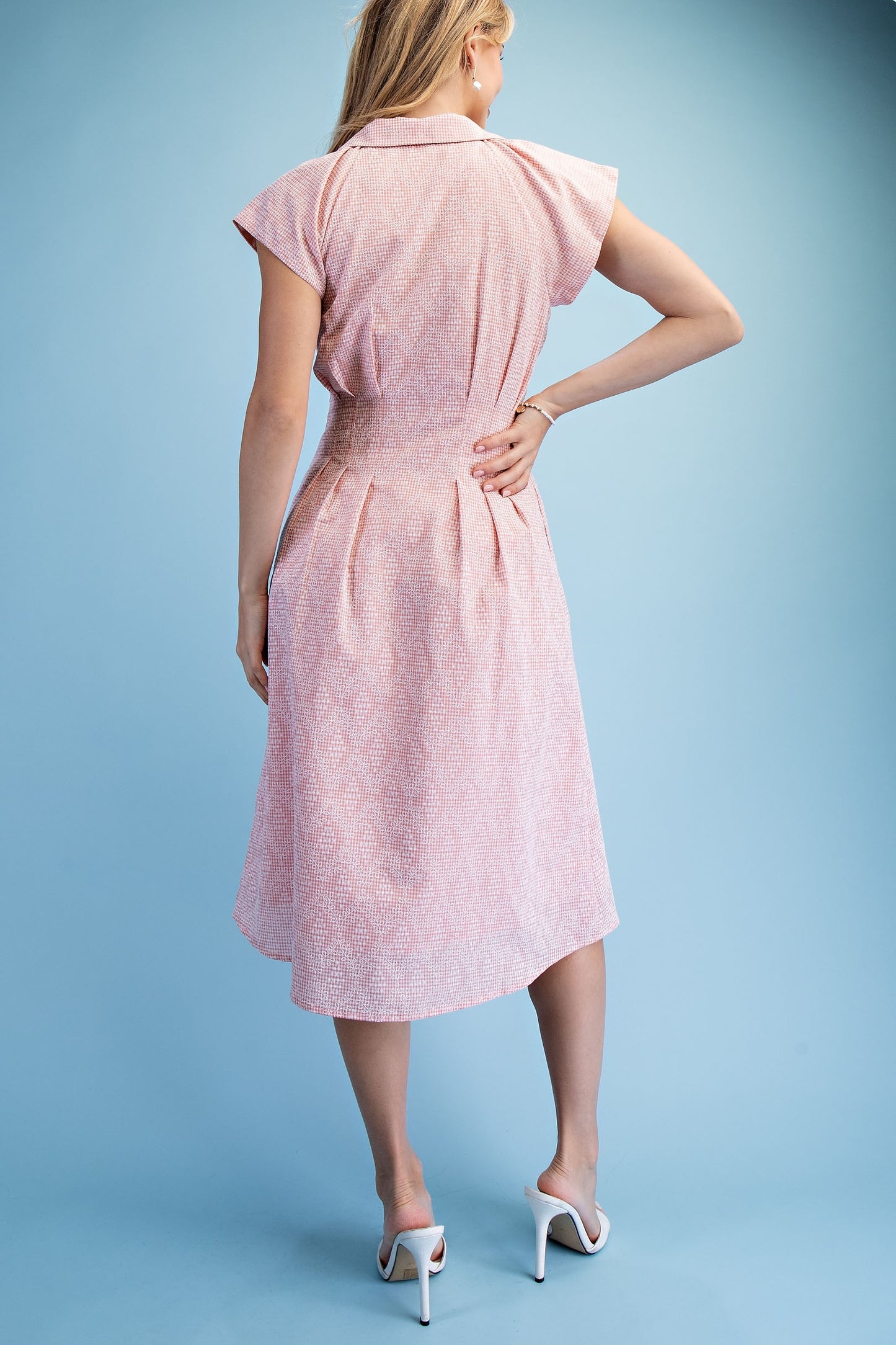 Floral Gingham Print Cap Sleeve Midi Shirt Dress