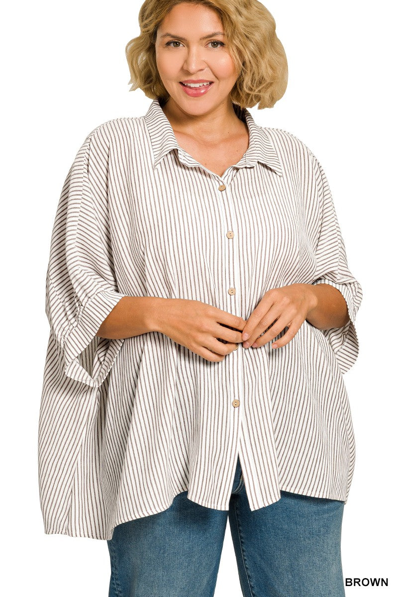 Plus Woven Stripe Button Down Boxy Top