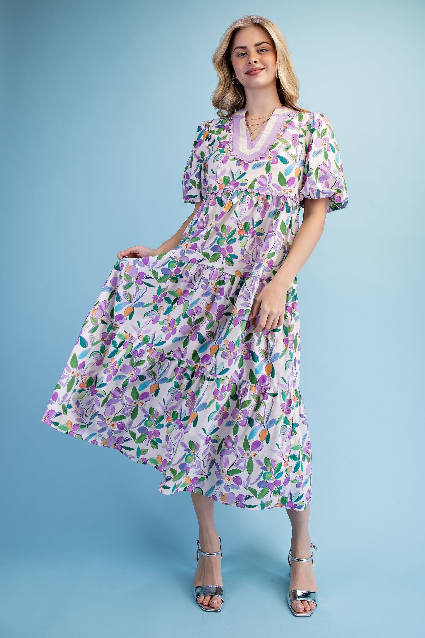 Floral Print Tiered Midi Dress Purple