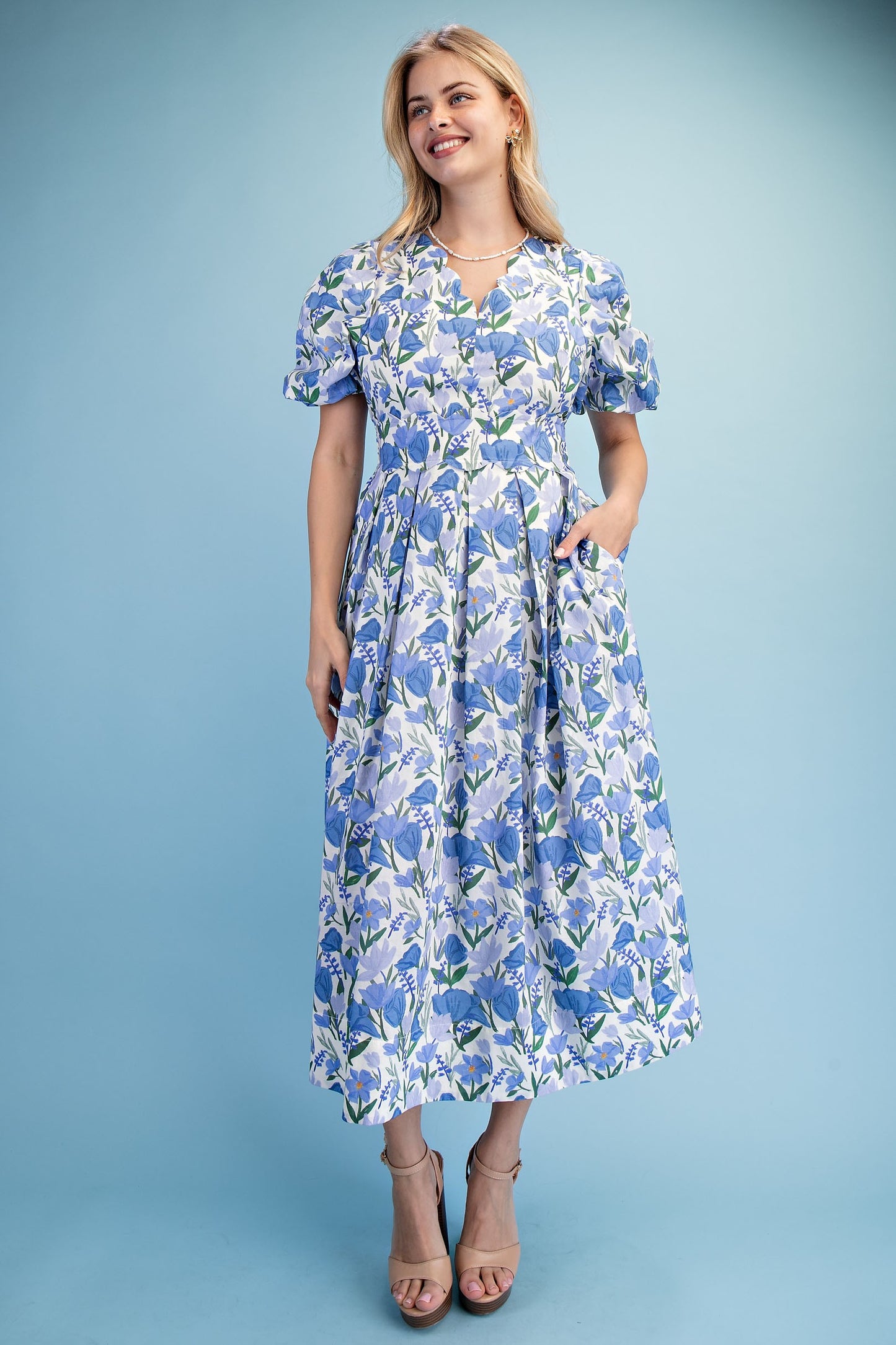 Floral Print Puff Sleeve Midi Dress