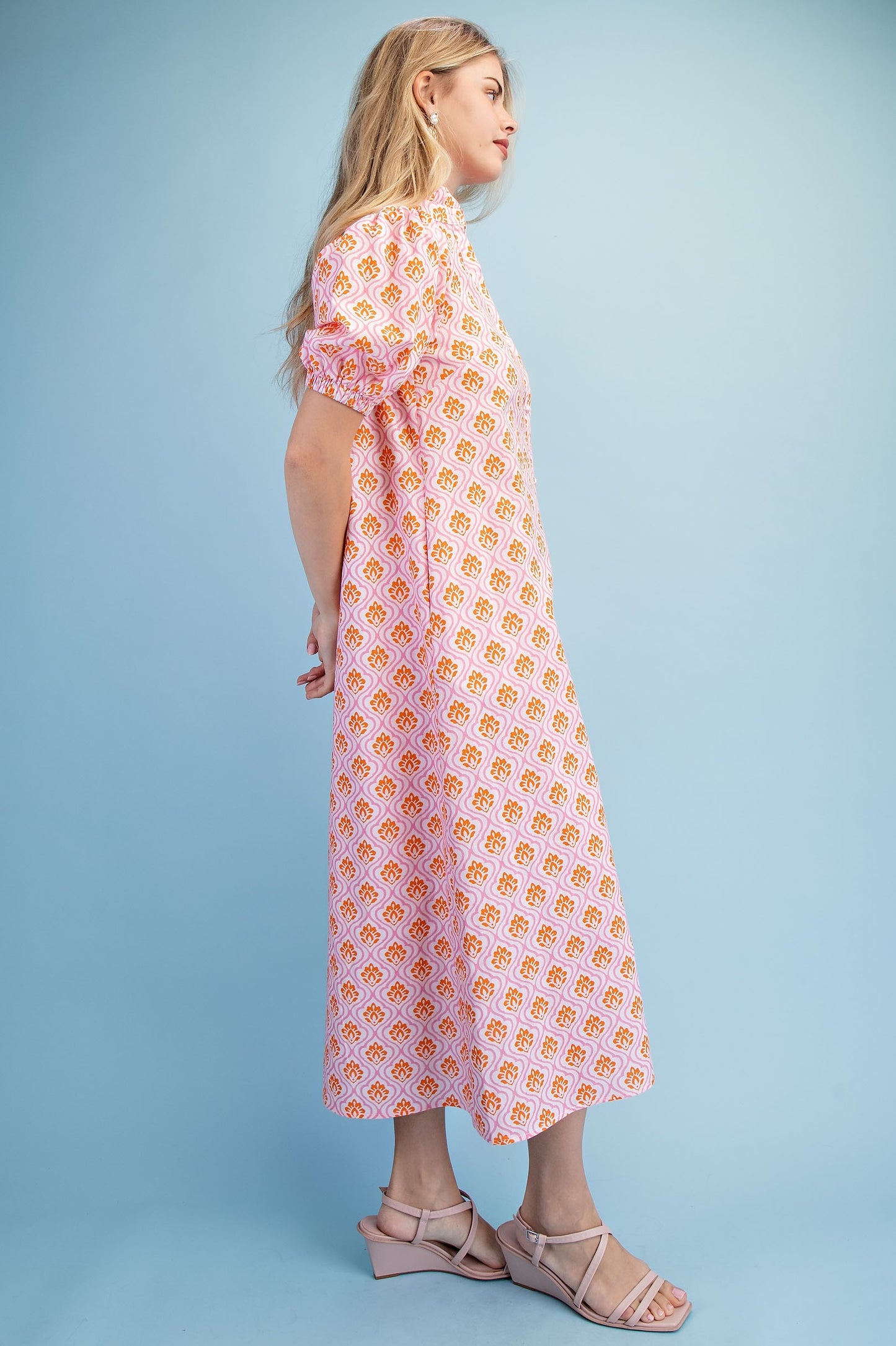 Bright Printed Button Down Midi Dress pink and orange
