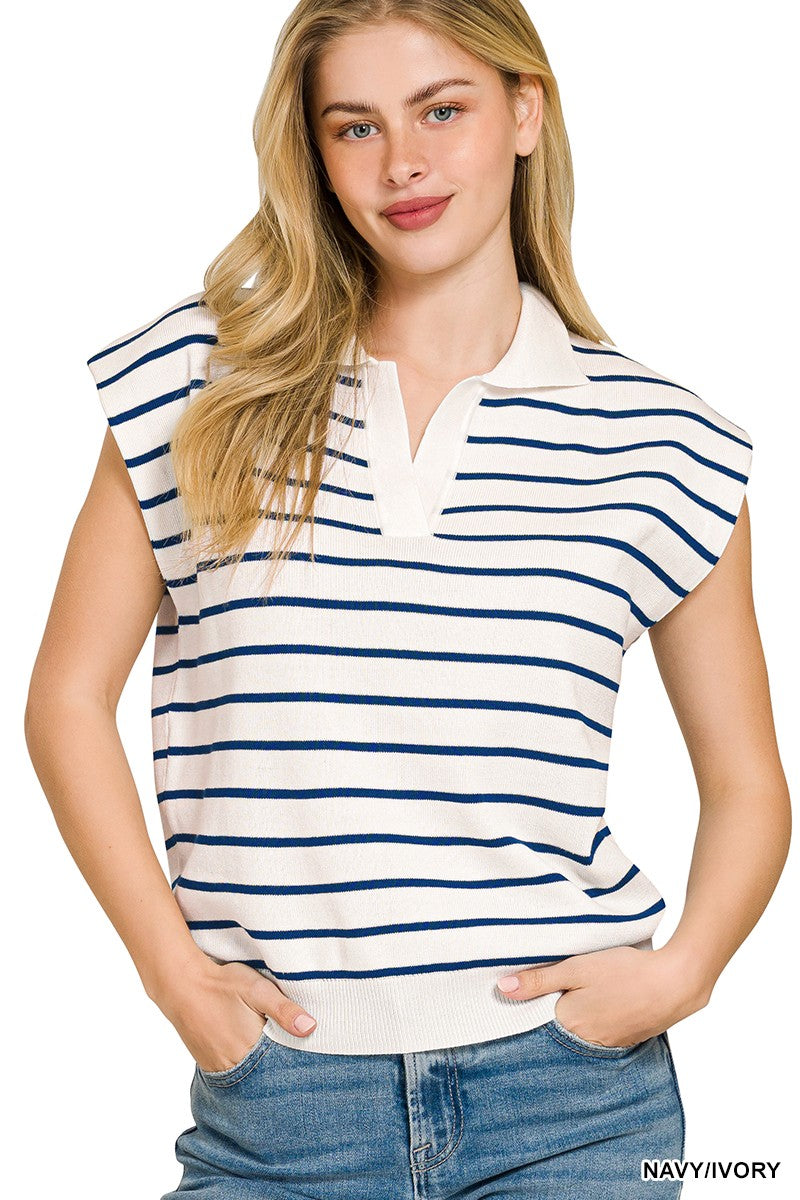 Viscose Striped Collared Sweater Vest
