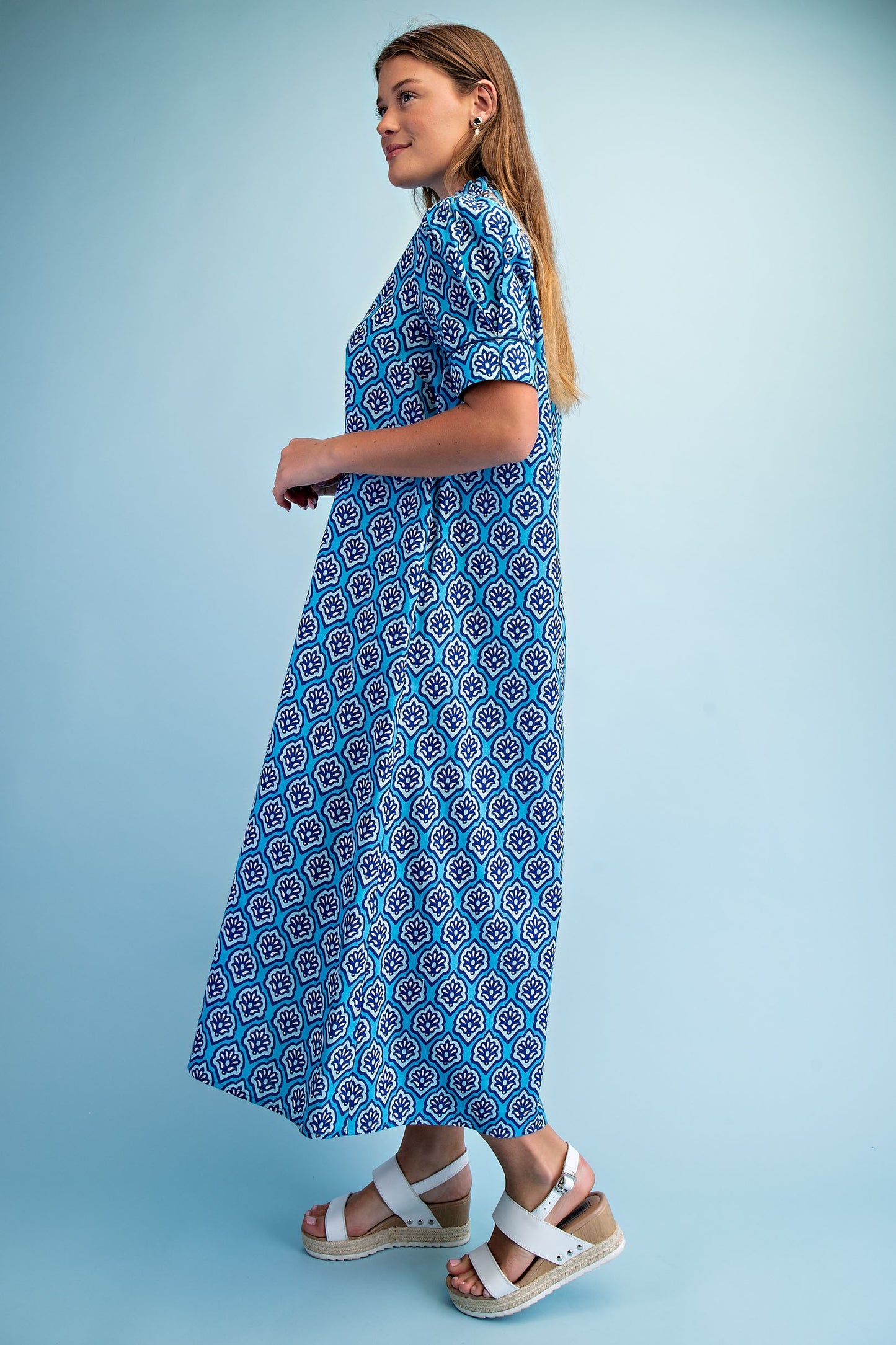 Bright Printed Button Down Midi Dress Sapphire Mix