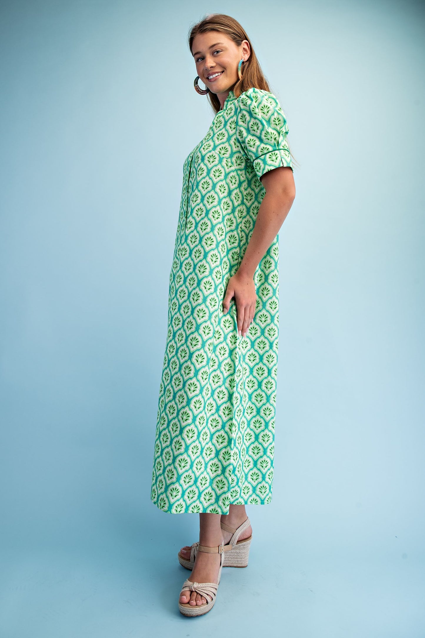 Bright Printed Button Down Midi Dress Grass Mix