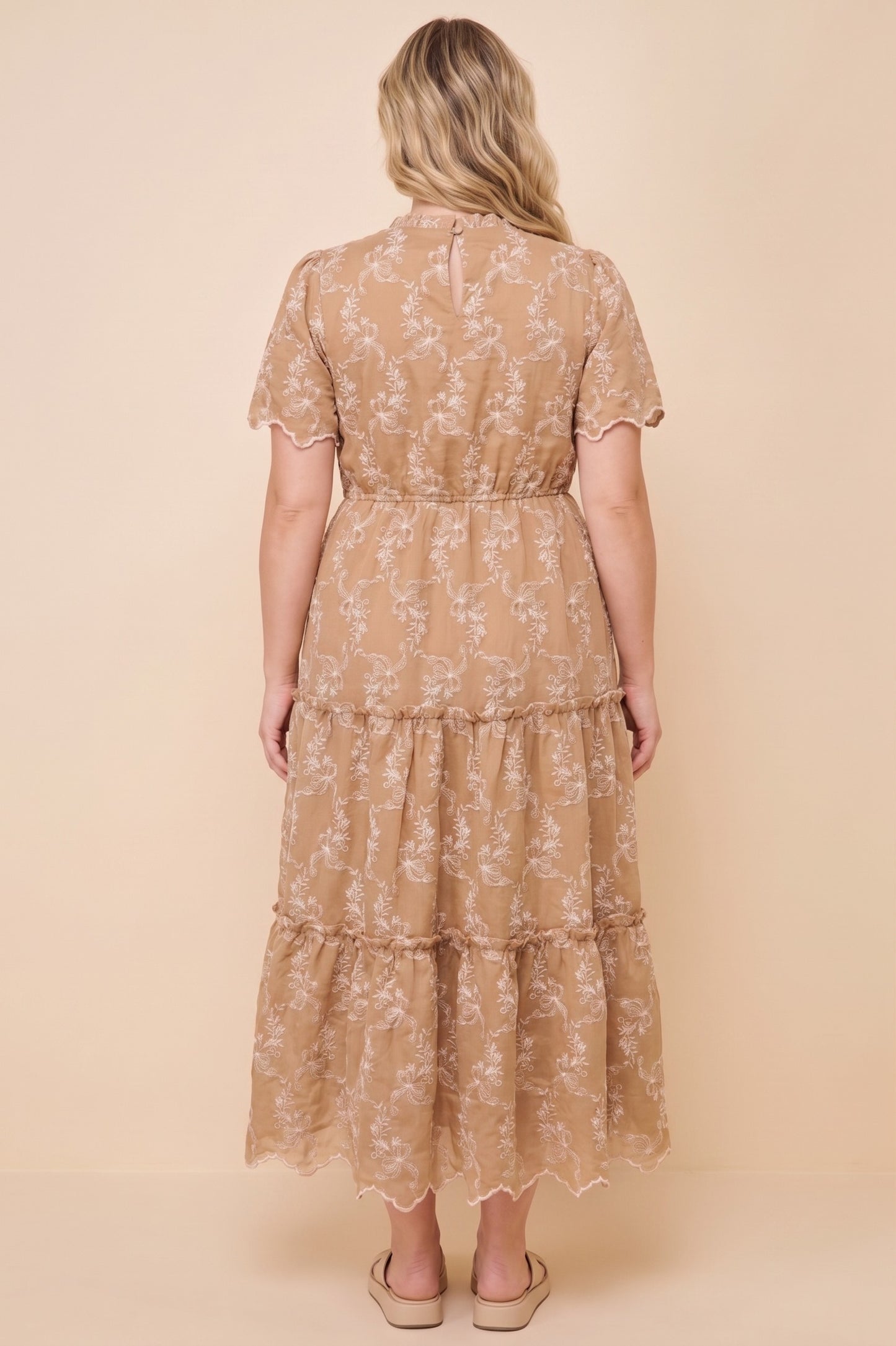 Plus Embroidered Scallop Hem V Neck Dress