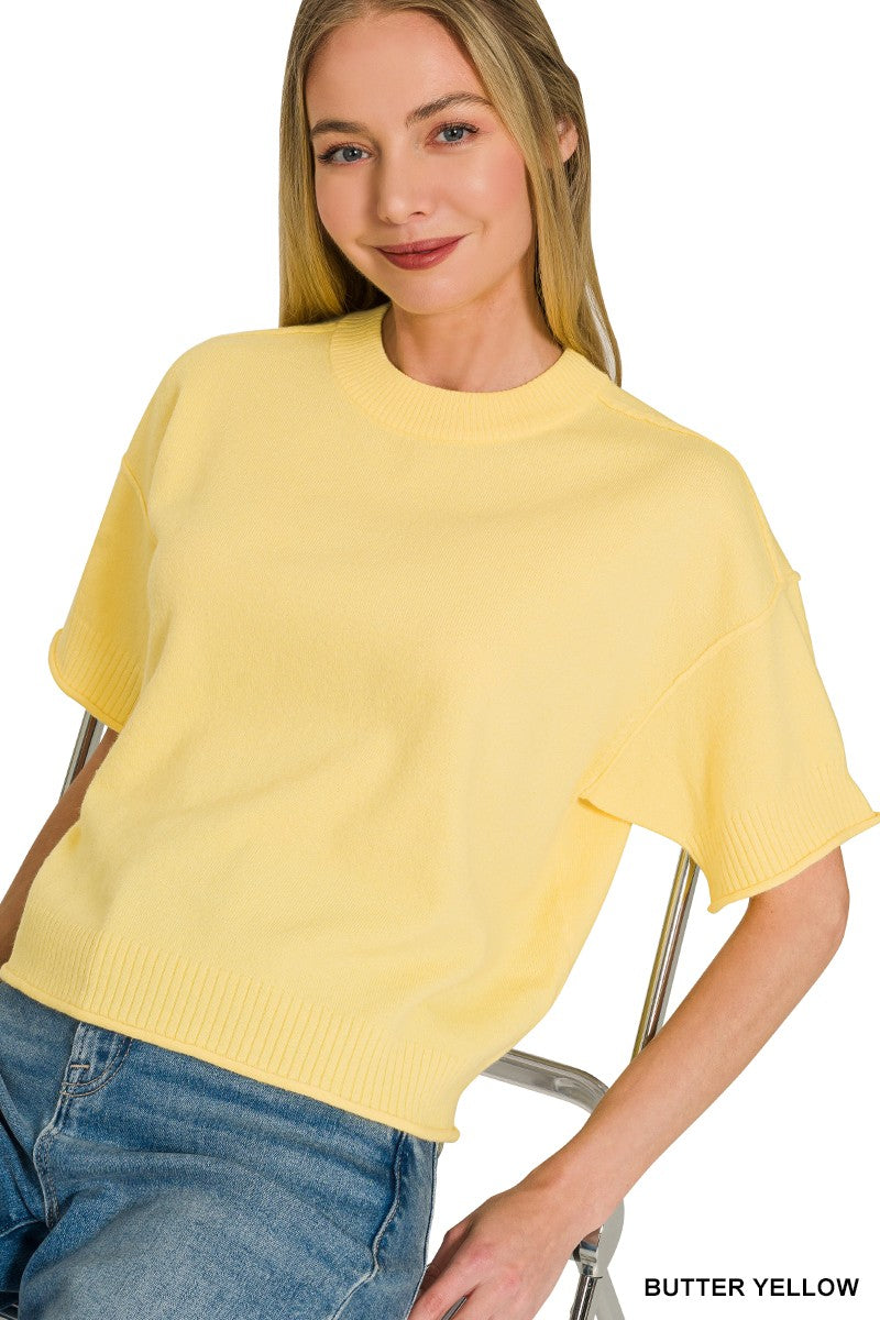 Lightweight Exposed Seam Short Sleeve Crop Sweater