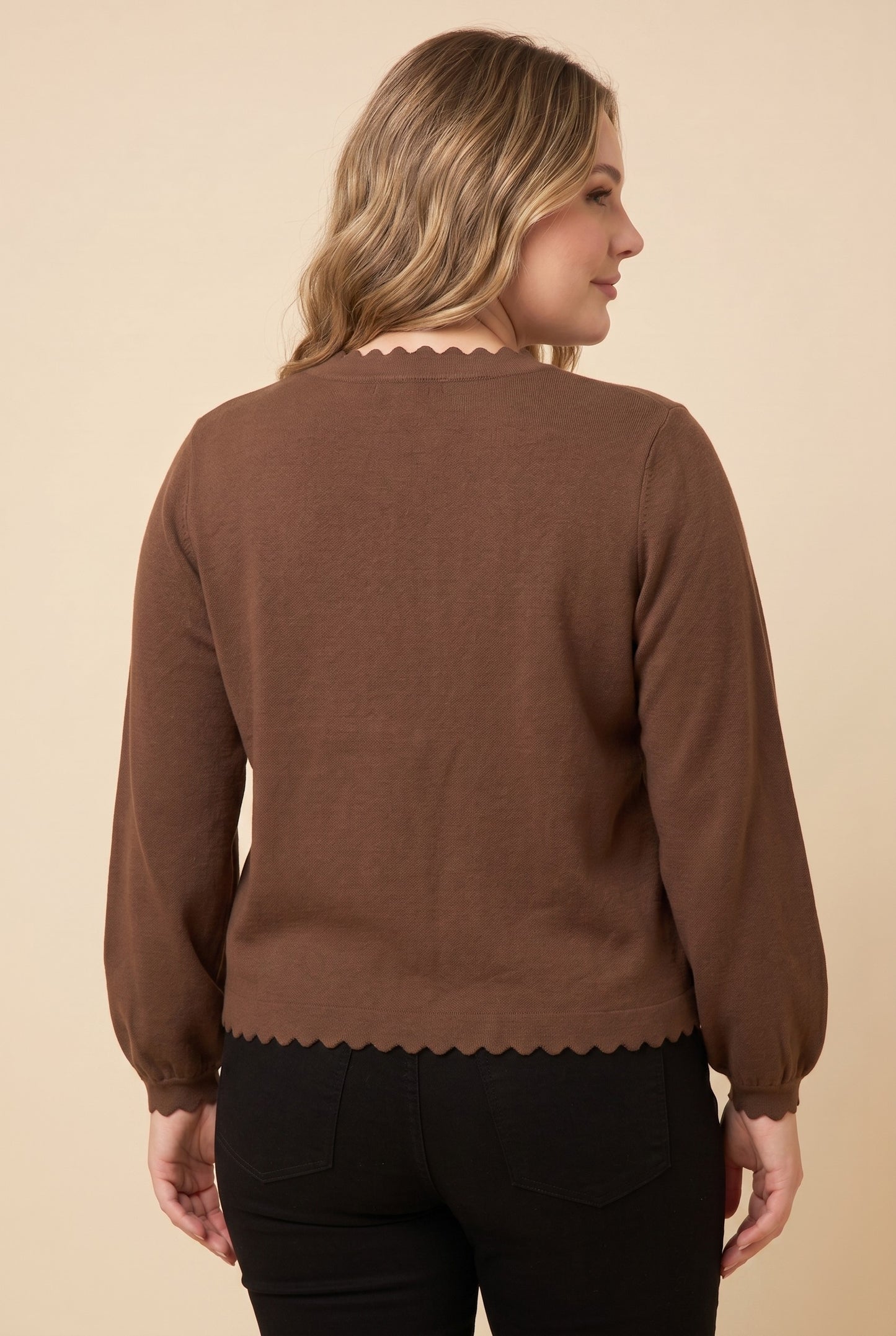 Plus Scallop Edge Balloon Sleeve Sweater Cardigan