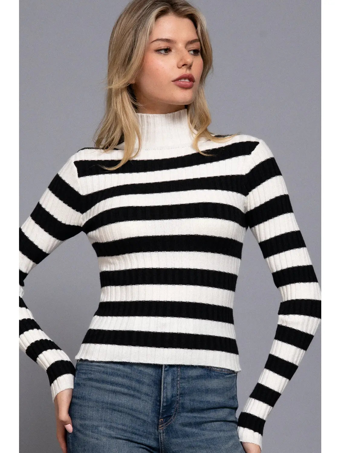 Long Sleeve Mock Neck Stripe Sweater