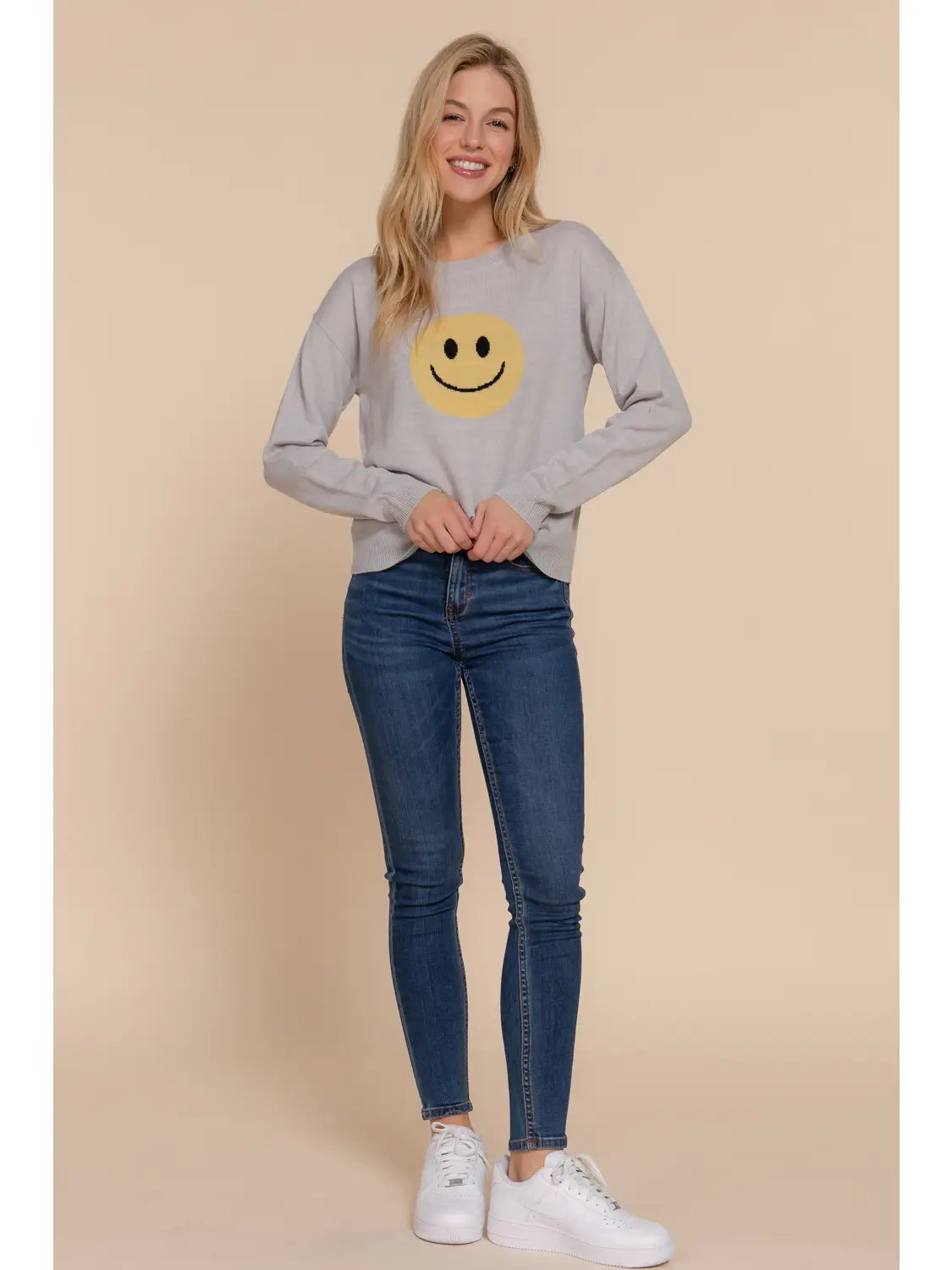 Long Sleeve Crew Neck Smile Face Jacquard Sweater
