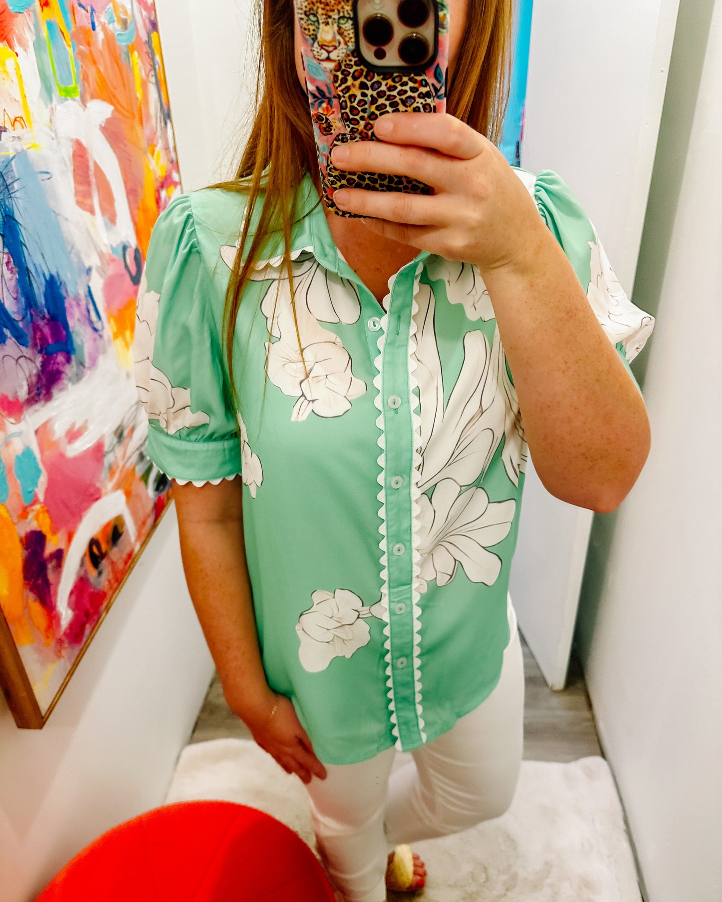 Green top with white floral and rick rack