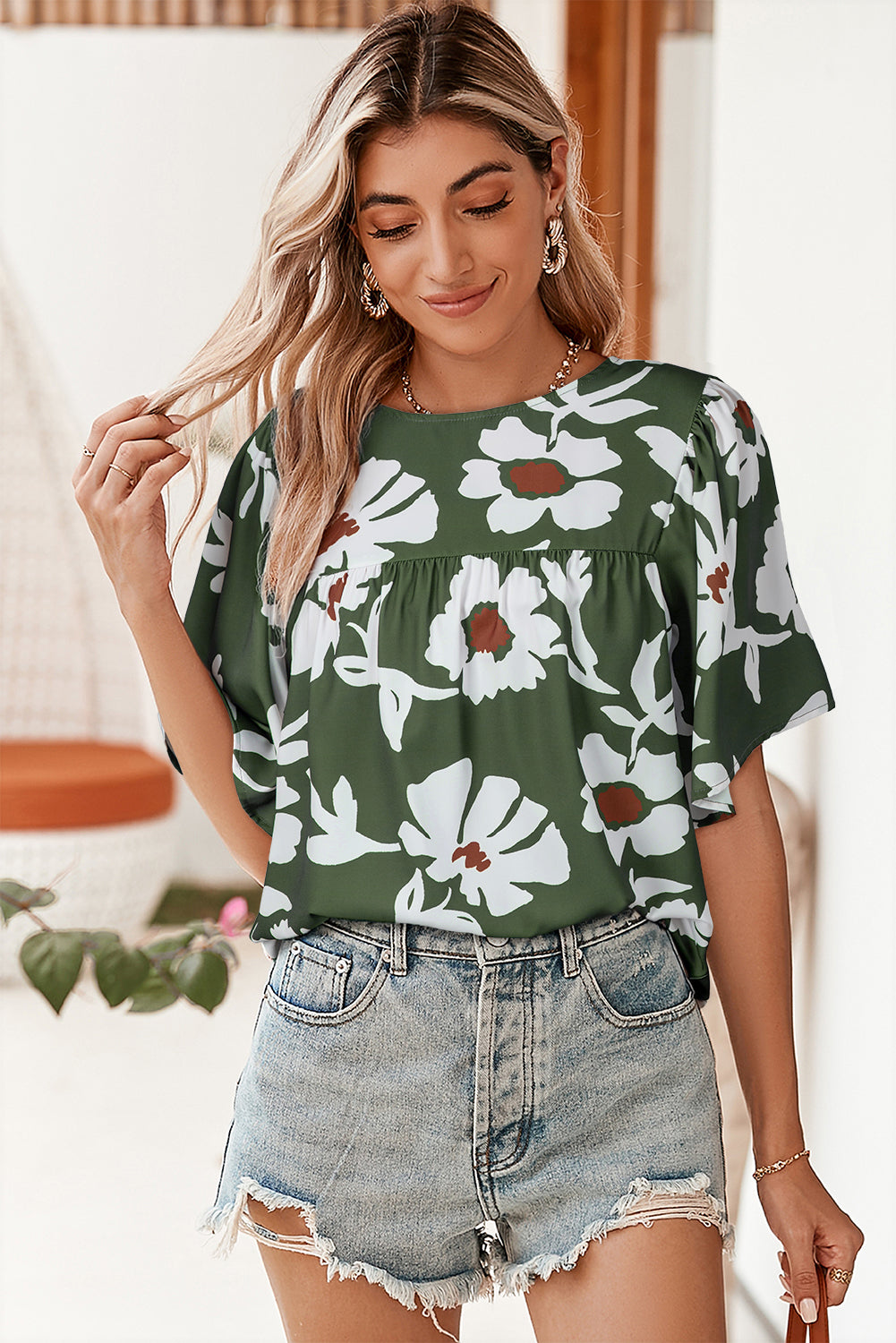 Casual Floral Print Button Keyhole Back Wide Short Sleeve Blouse