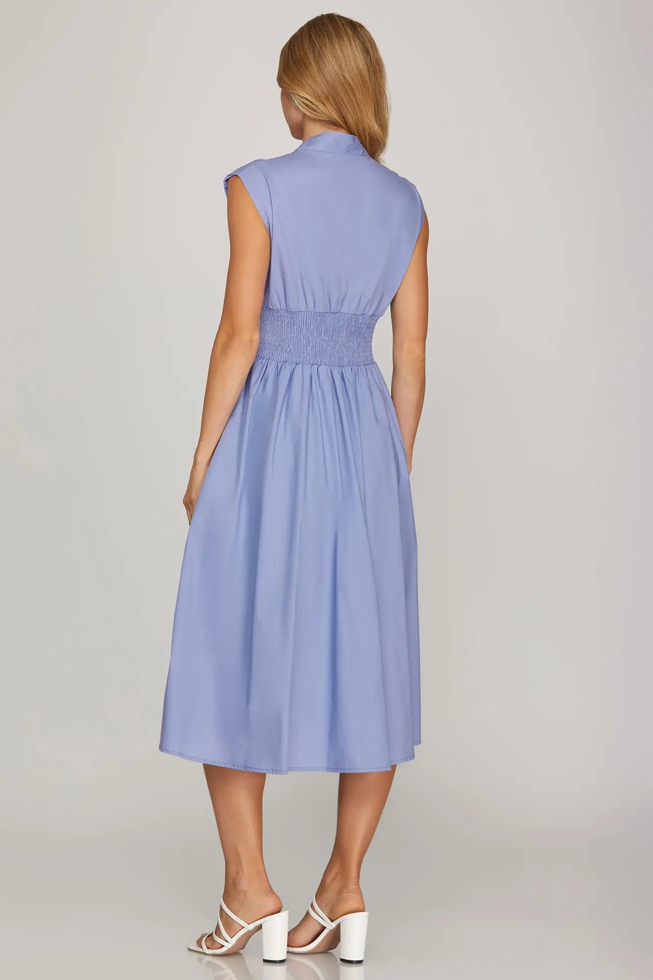 DROP SHOULDER SMOCKED WAIST MIDI DRESS WITH FRONT ZIPPER AND POCKETS