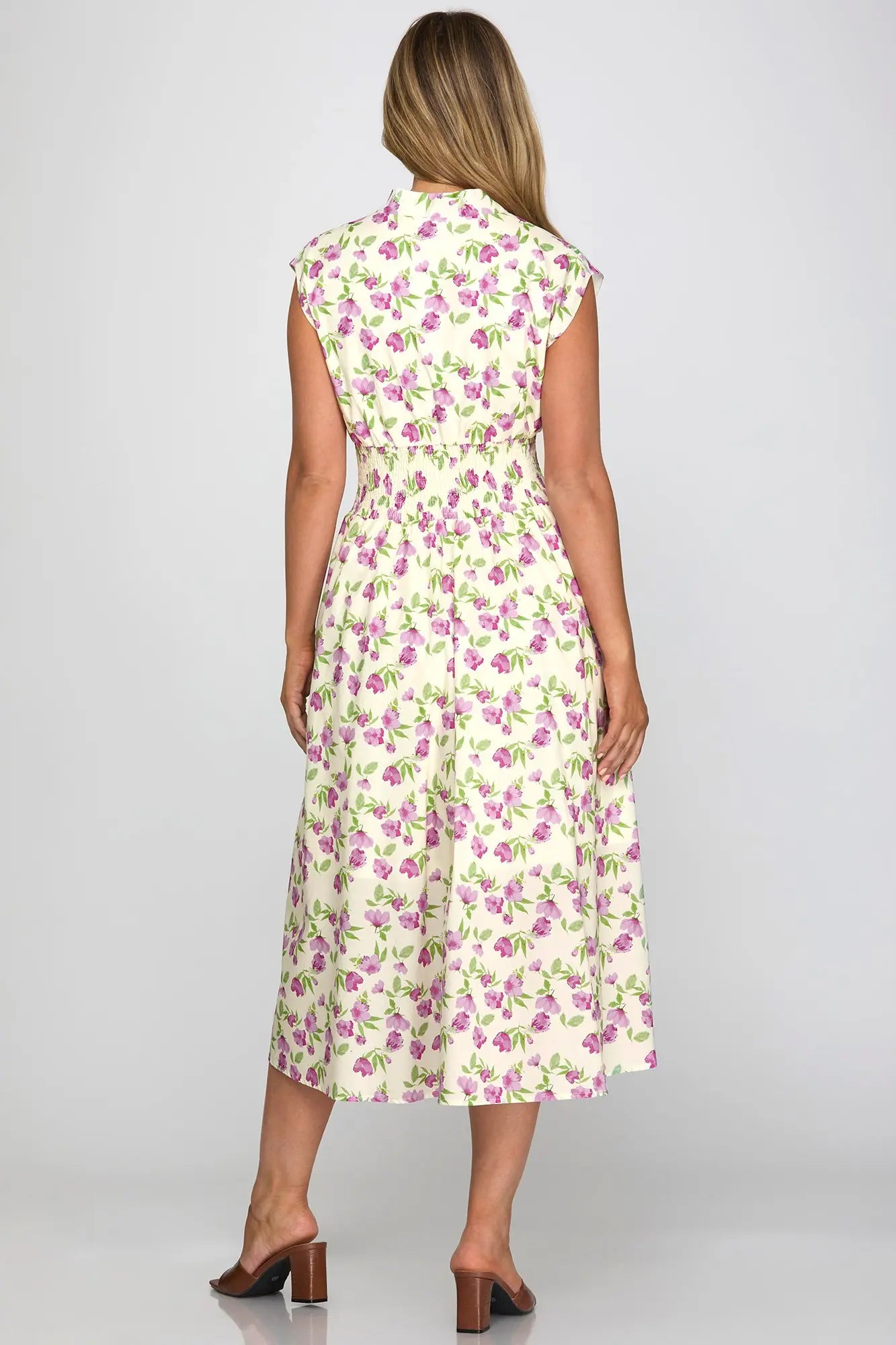 DROP SHOULDER SMOCKED WAIST FRONT ZIP PRINTED MIDI DRESS