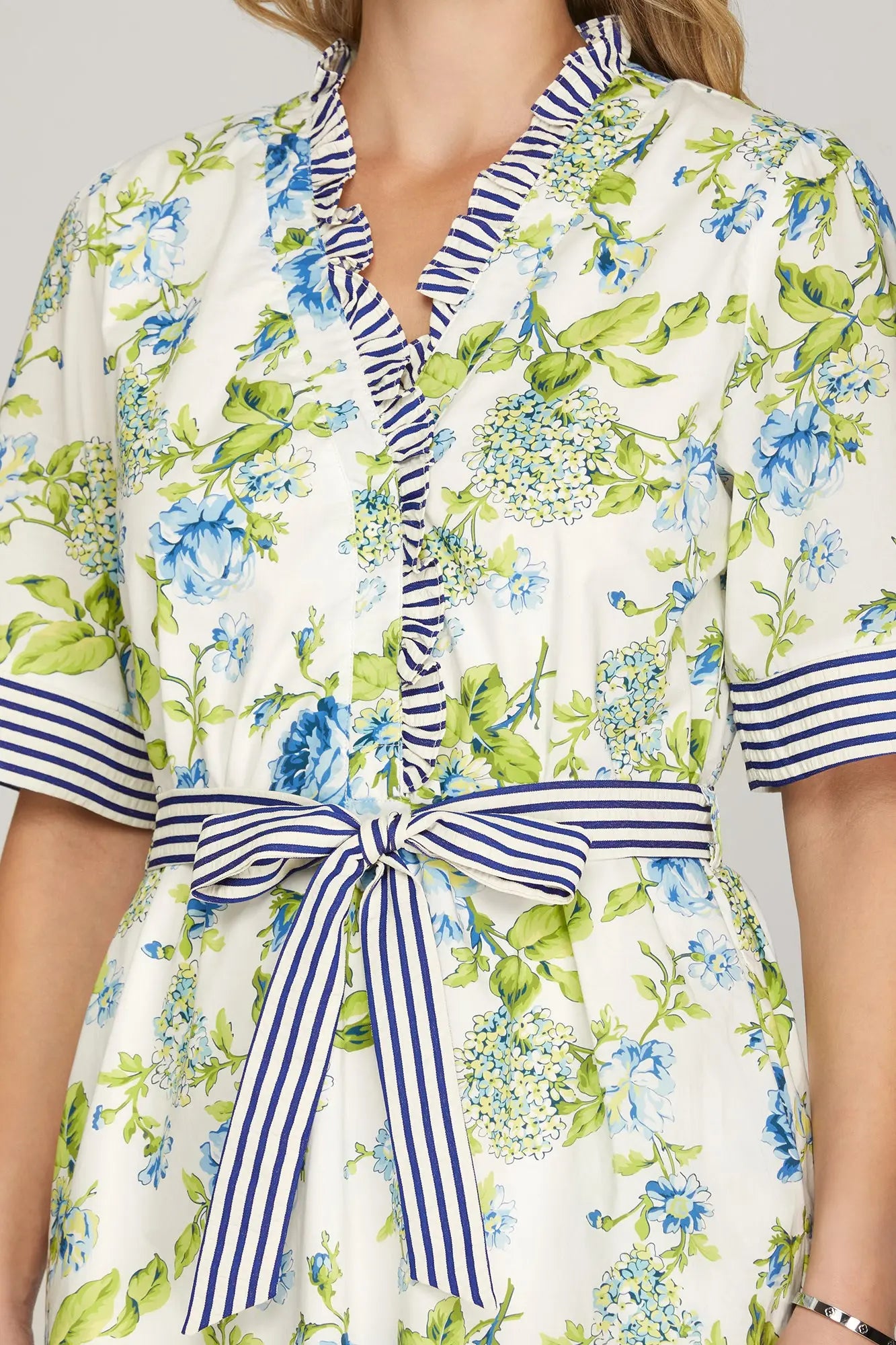 hydrangea dress with striped sash