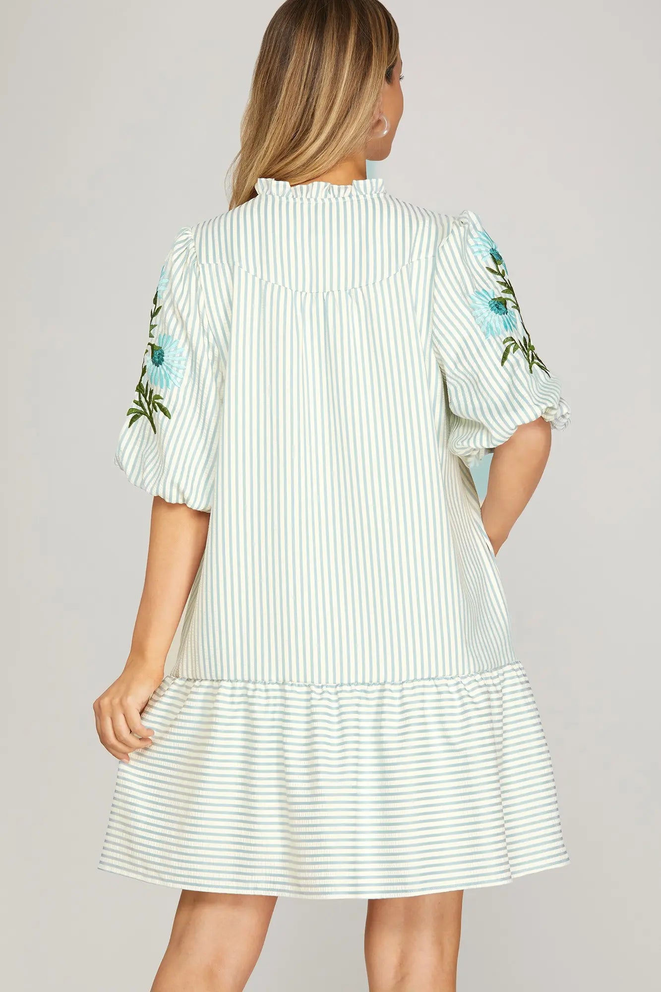 1/2 SLEEVE EMBROIDERED STRIPED MINI DRESS WITH POCKETS