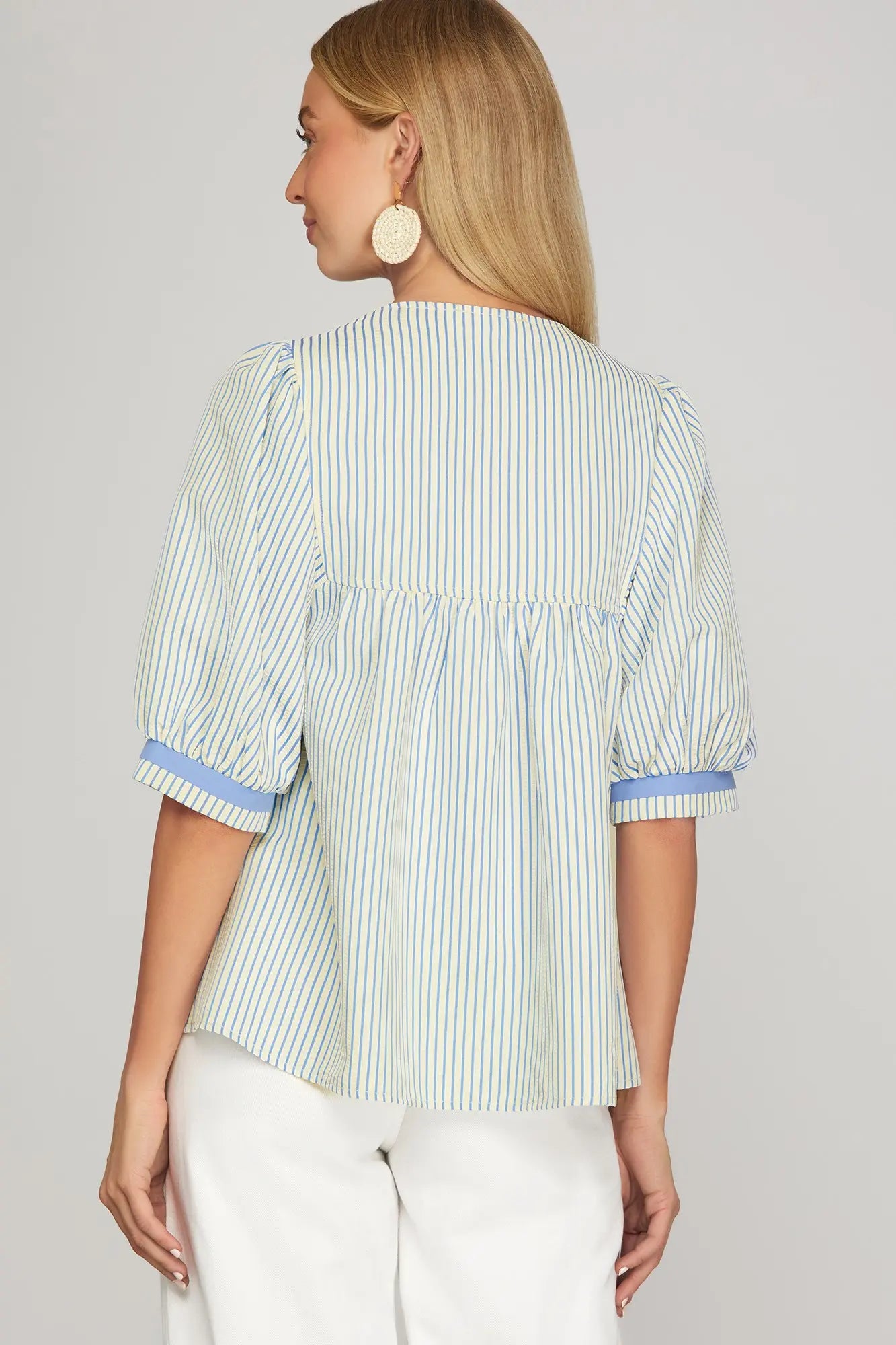 striped blue and white embroidered top