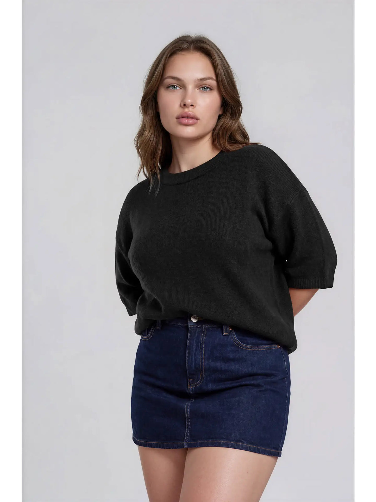 Plus Heathered Crew Neck Half Sleeve Boxy Pullover