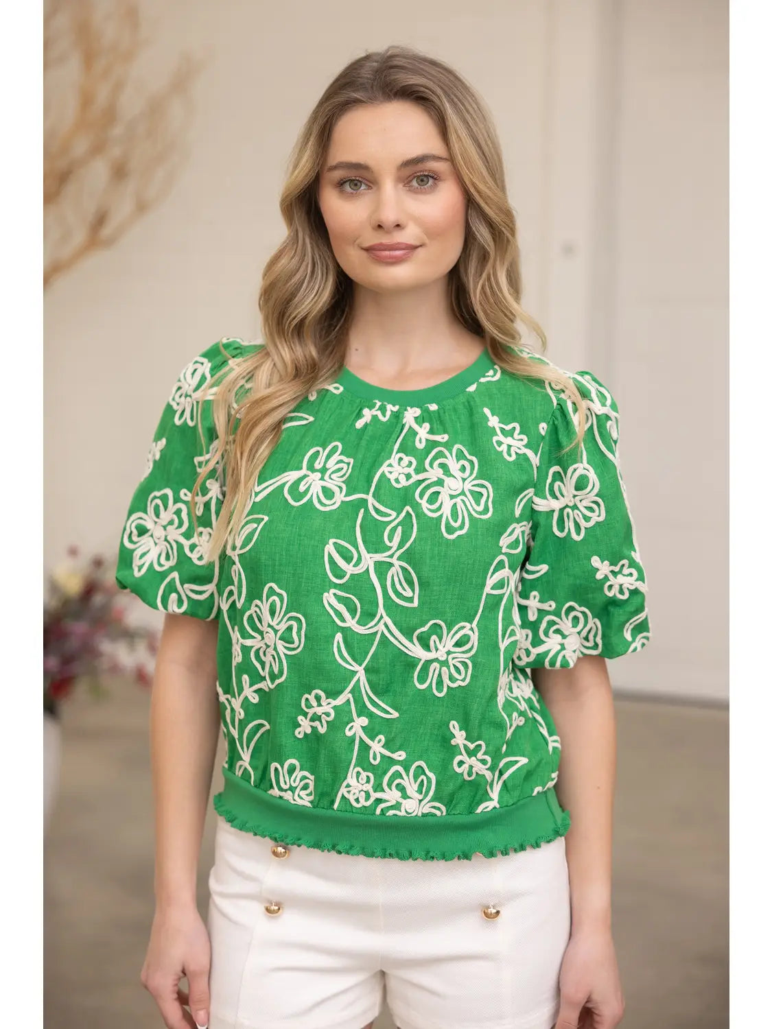 Floral Embroidered Short Bubble Sleeve Top